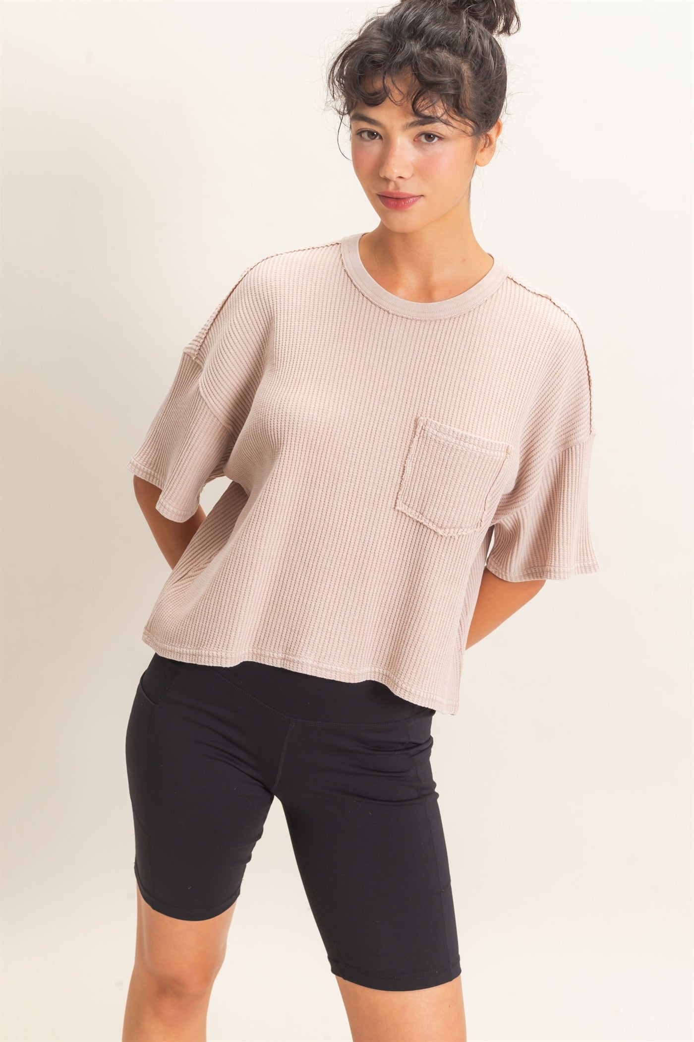 Wholesale Mineral Wash Waffle Knit Pocket Top Clothing Tops DZ26E222 DARK TAUPE DOUBLE ZERO