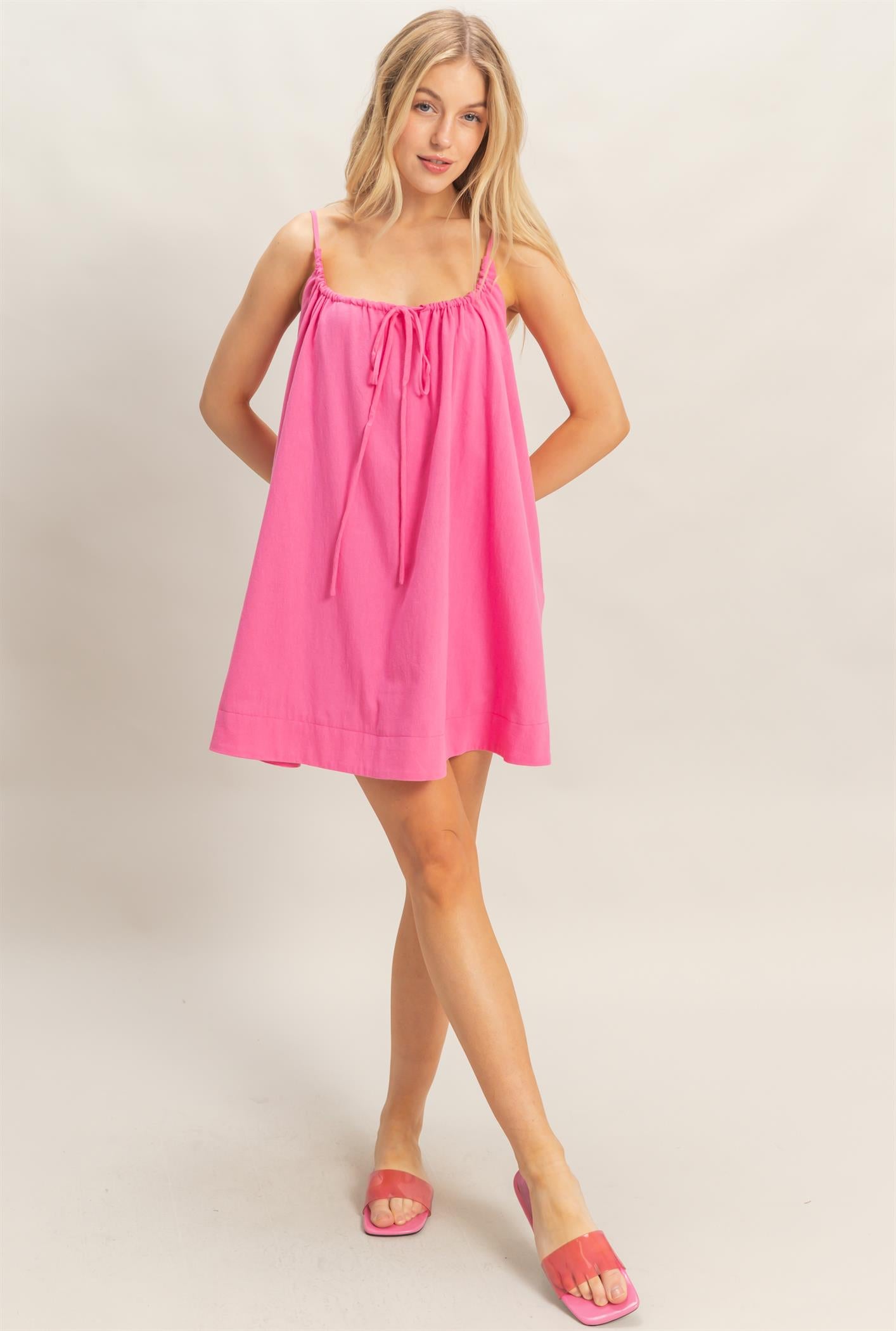 Wholesale Gathered Tie Strap Dress Dresses HF26A237 PINK HYFVE