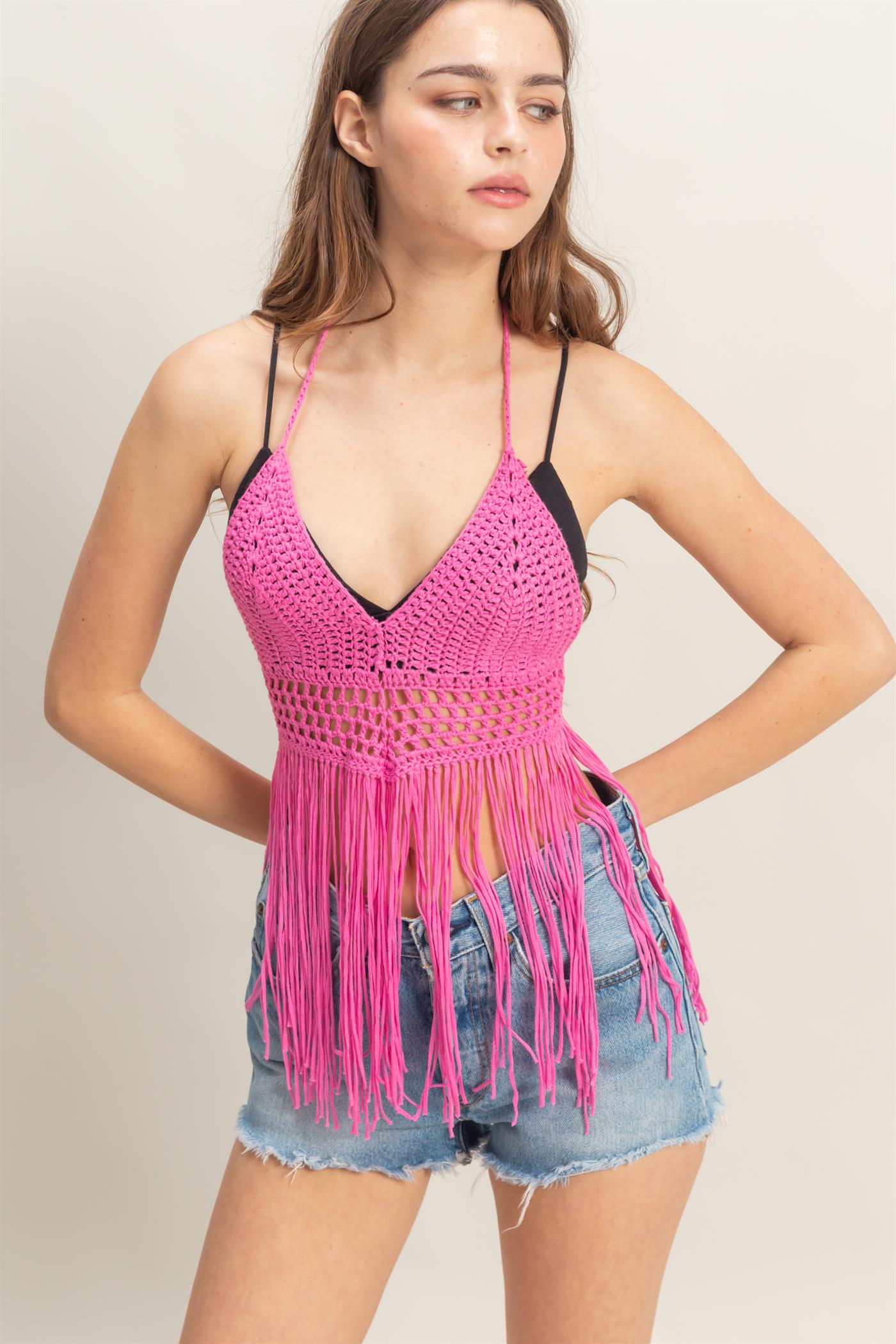 Wholesale Halter Crochet Fringe Detail Coverup Top Clothing Tops HF25A398 HOT PINK HYFVE
