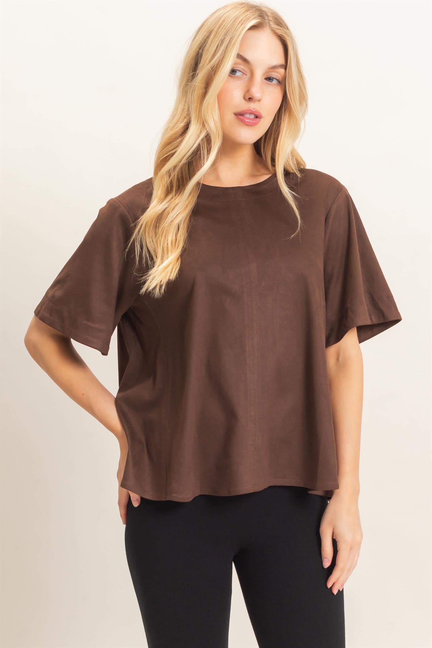 Wholesale Suede Boat Neck Top Clothing Tops HF26E351 CHESTNUT HYFVE