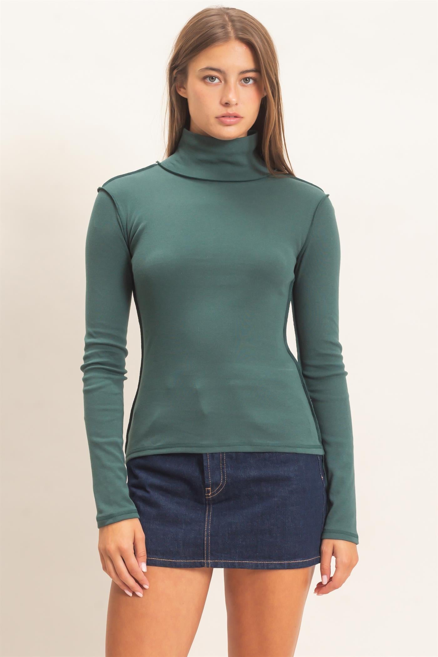 Wholesale Turtleneck Exposed Seam Long Sleeve Top Clothing Tops DZ26F241 DARK GREEN HYFVE