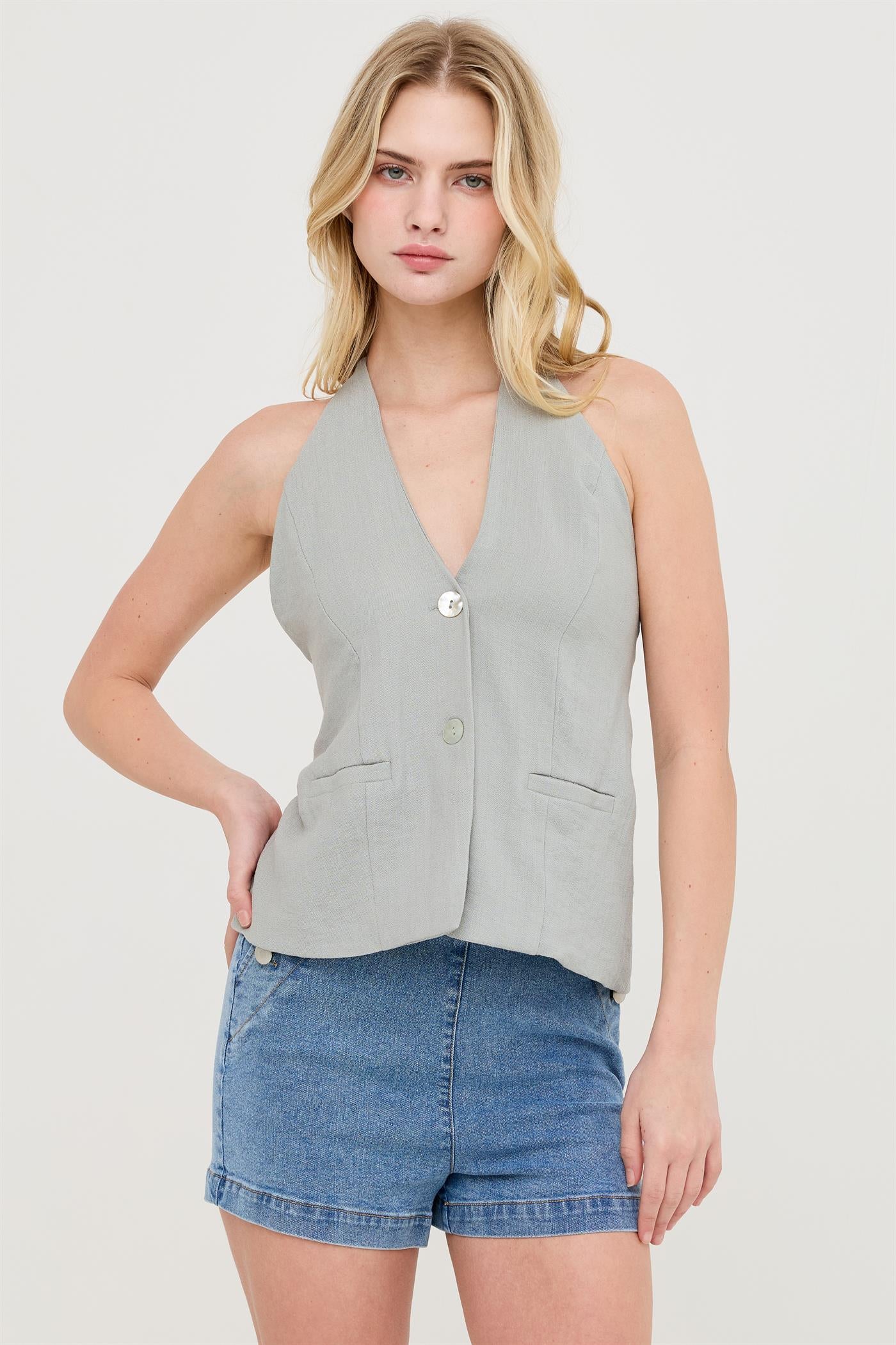 Wholesale Button Front Halter Top Clothing Tops HF26C130 DUSTY SAGE HYFVE