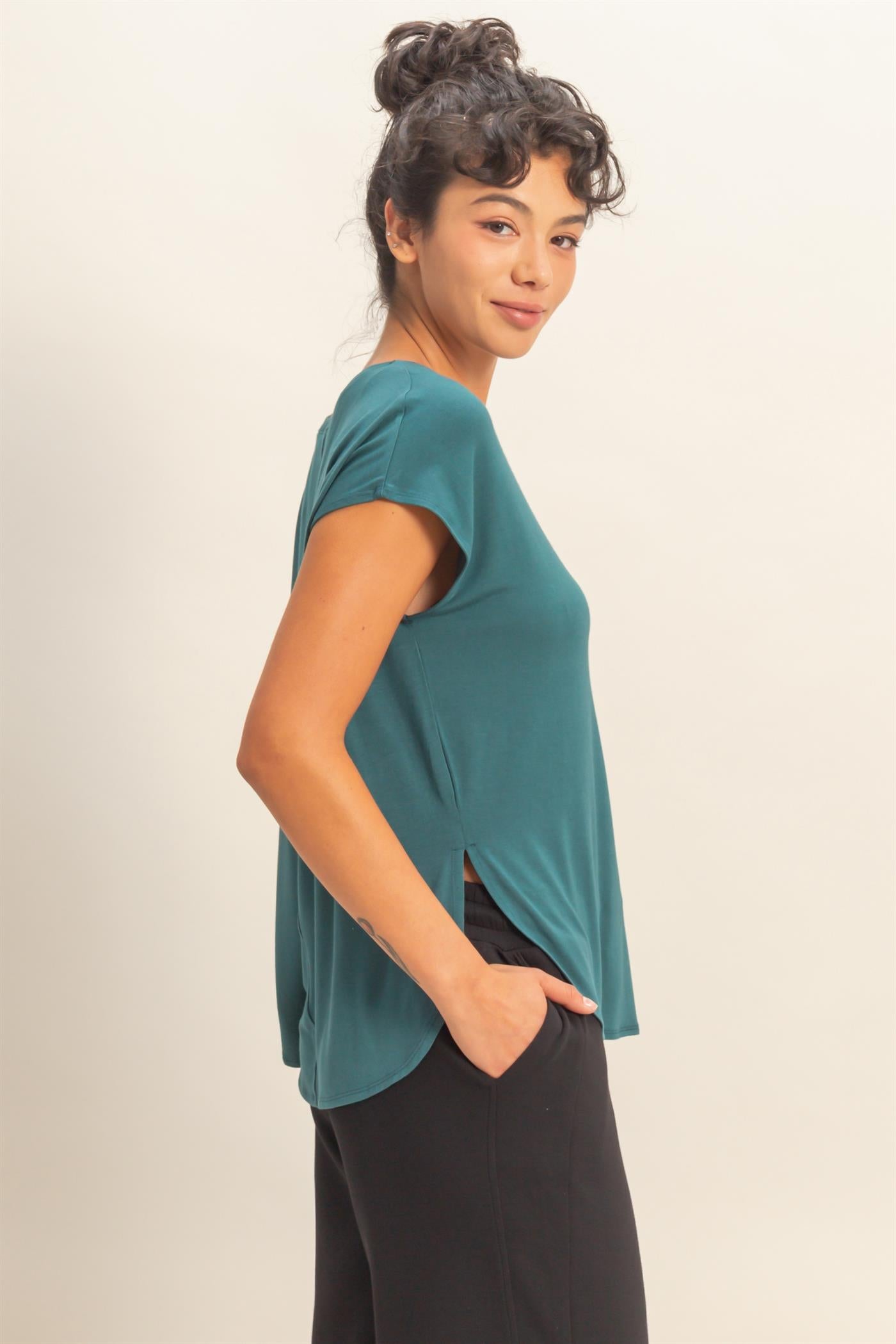 Wholesale Relaxed Dolman Short Sleeve  Round Neck Top Shirts DZ26A270 DARK TEAL DOUBLE ZERO