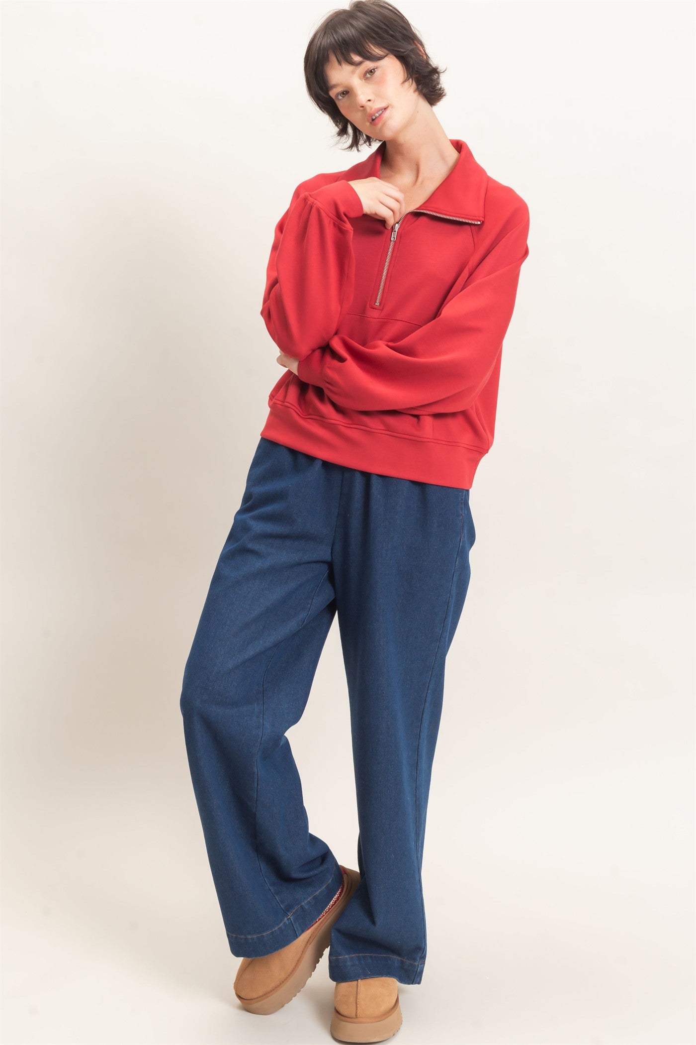 Wholesale Half-Zip Collar Raglan Pullover Sweatshirts DZ26C967 DARK RED DOUBLE ZERO