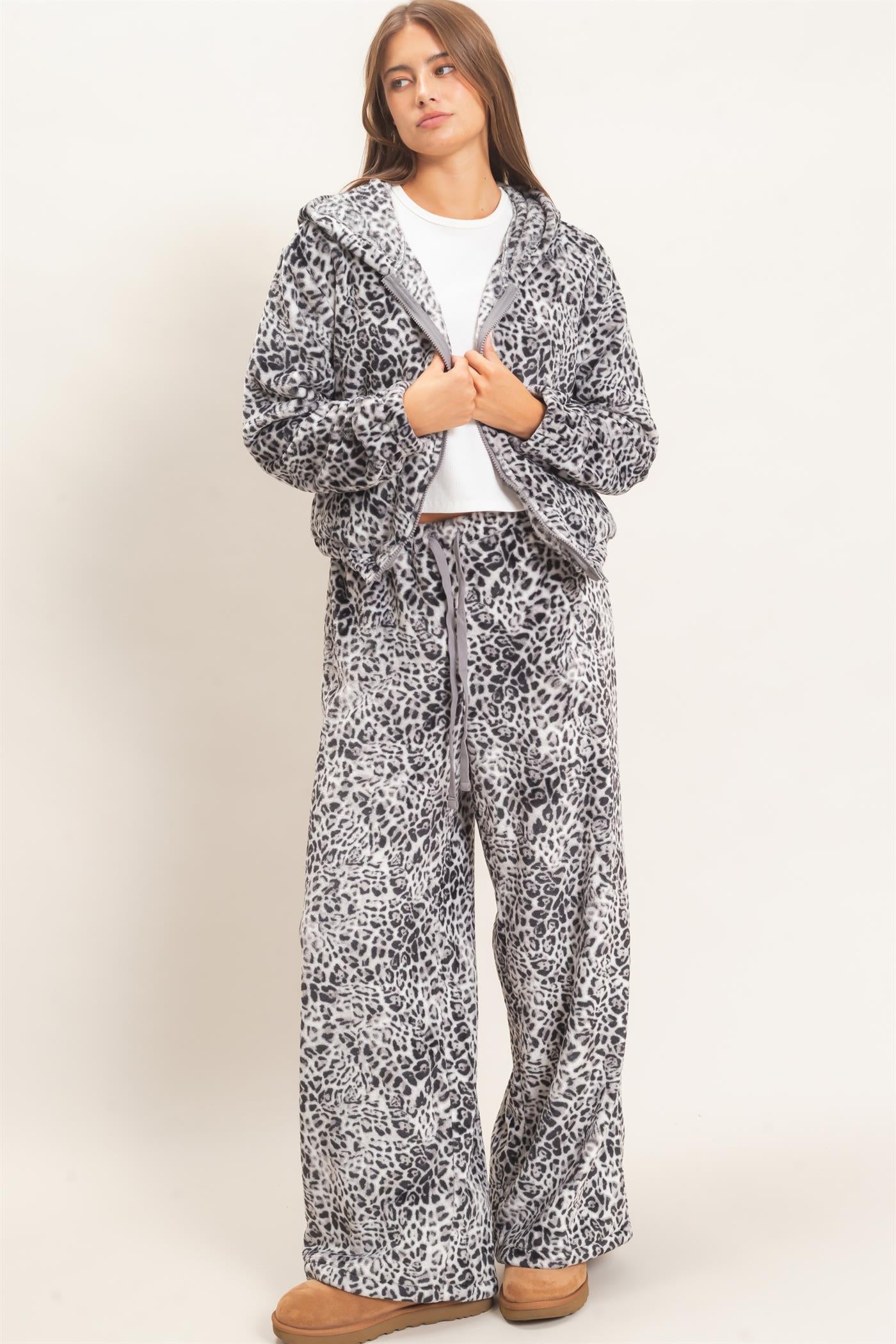 Wholesale Leopard Print Fleece Wide-Leg Pants Pants DZ26E829 GRAY DOUBLE ZERO