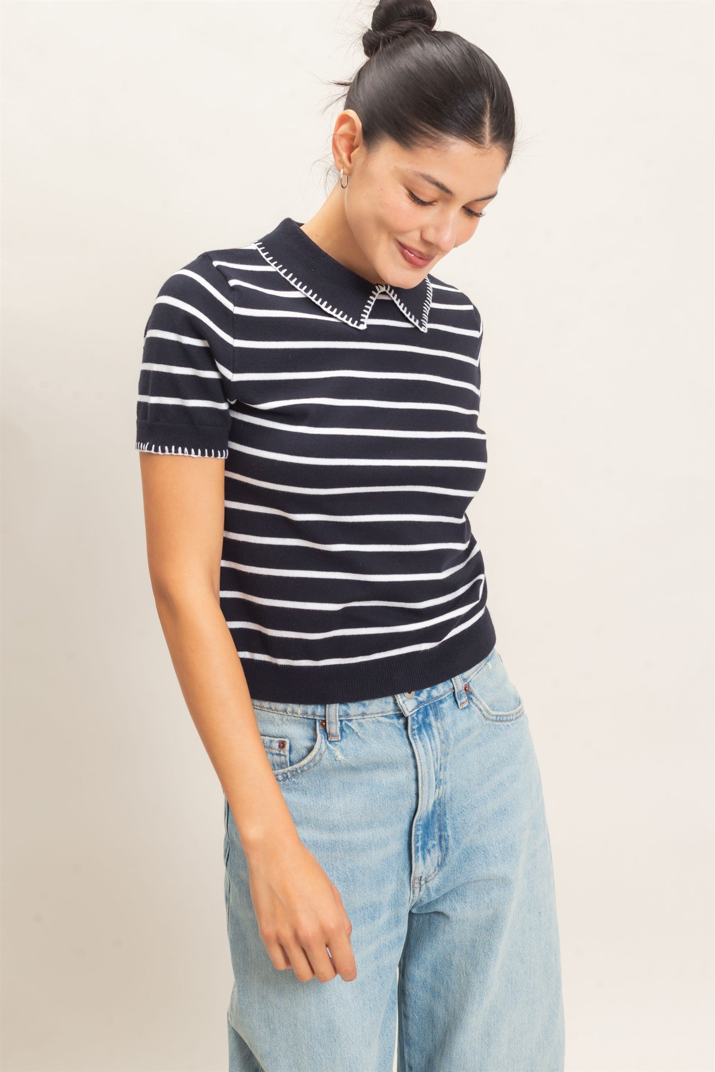 Wholesale Striped Polo Collar Sweater Sweaters HF26E233 NAVY HYFVE