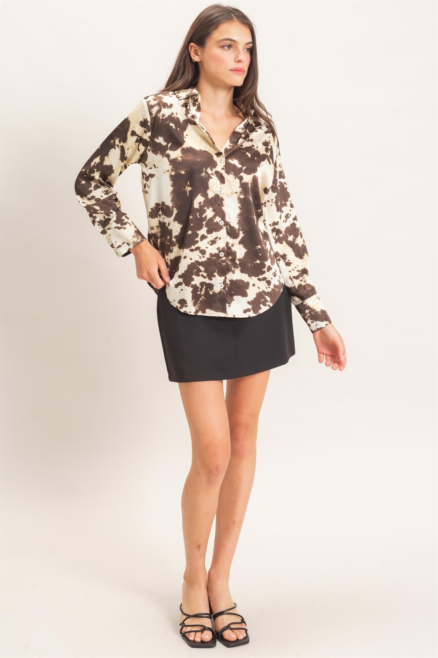 Wholesale Satin Cow Print Button-Up Shirt Clothing Tops HF26E554 BROWN HYFVE