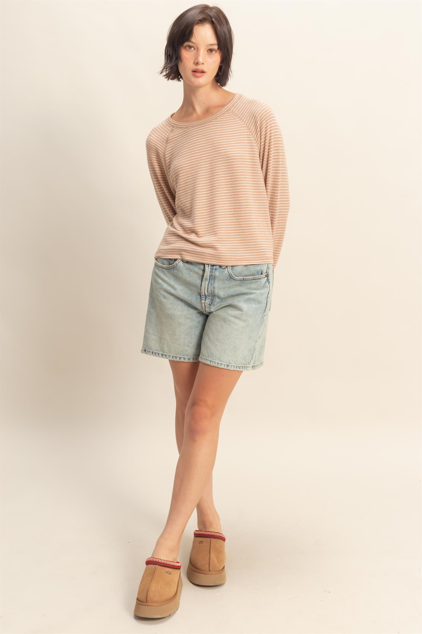 Wholesale Striped Raglan Long Sleeve Top Clothing Tops DZ25E600 DARK TAUPE/CREAM DOUBLE ZERO