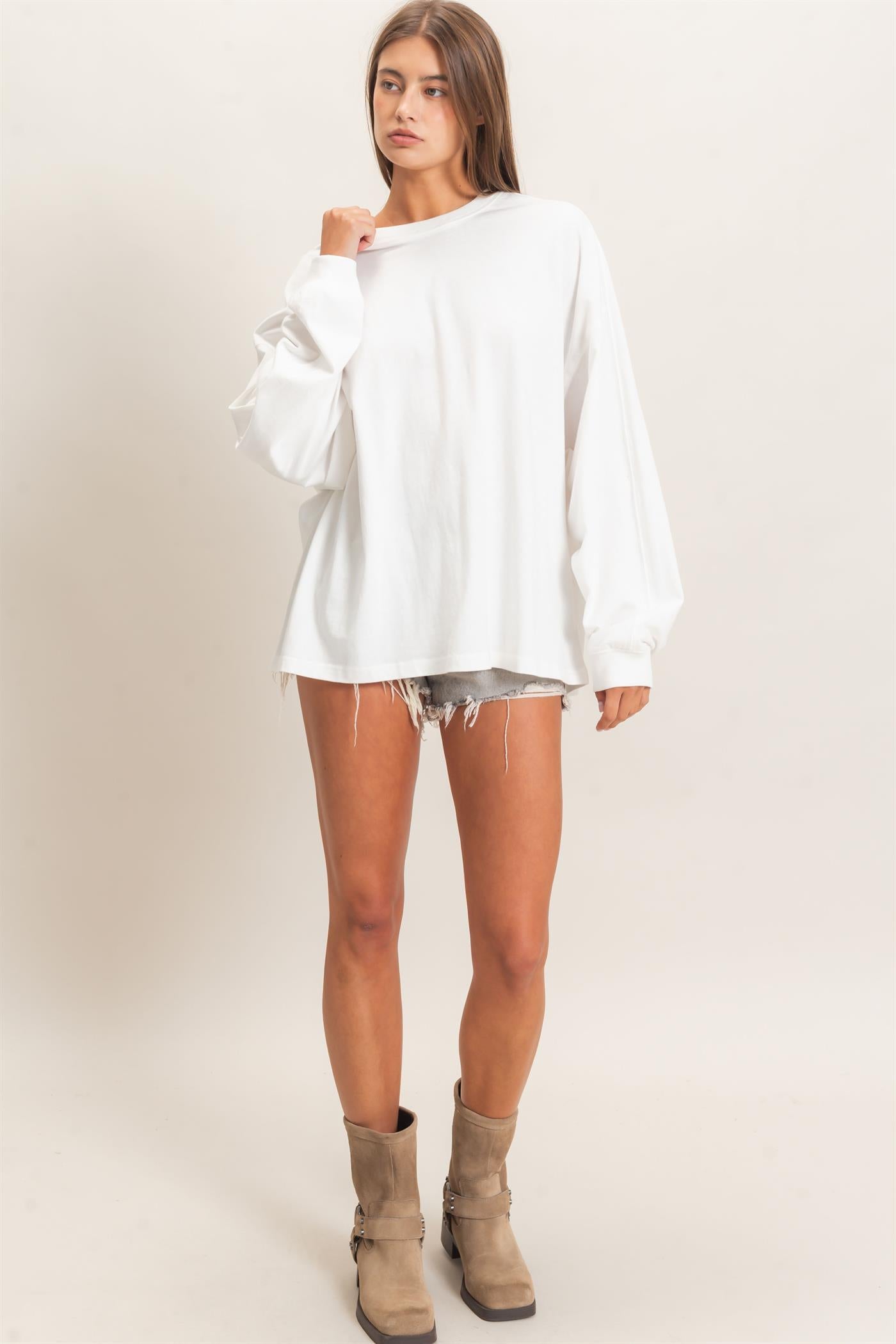 Wholesale Pigment Dye Oversized Long Sleeve Top Clothing Tops DZ26A825 WHITE DOUBLE ZERO