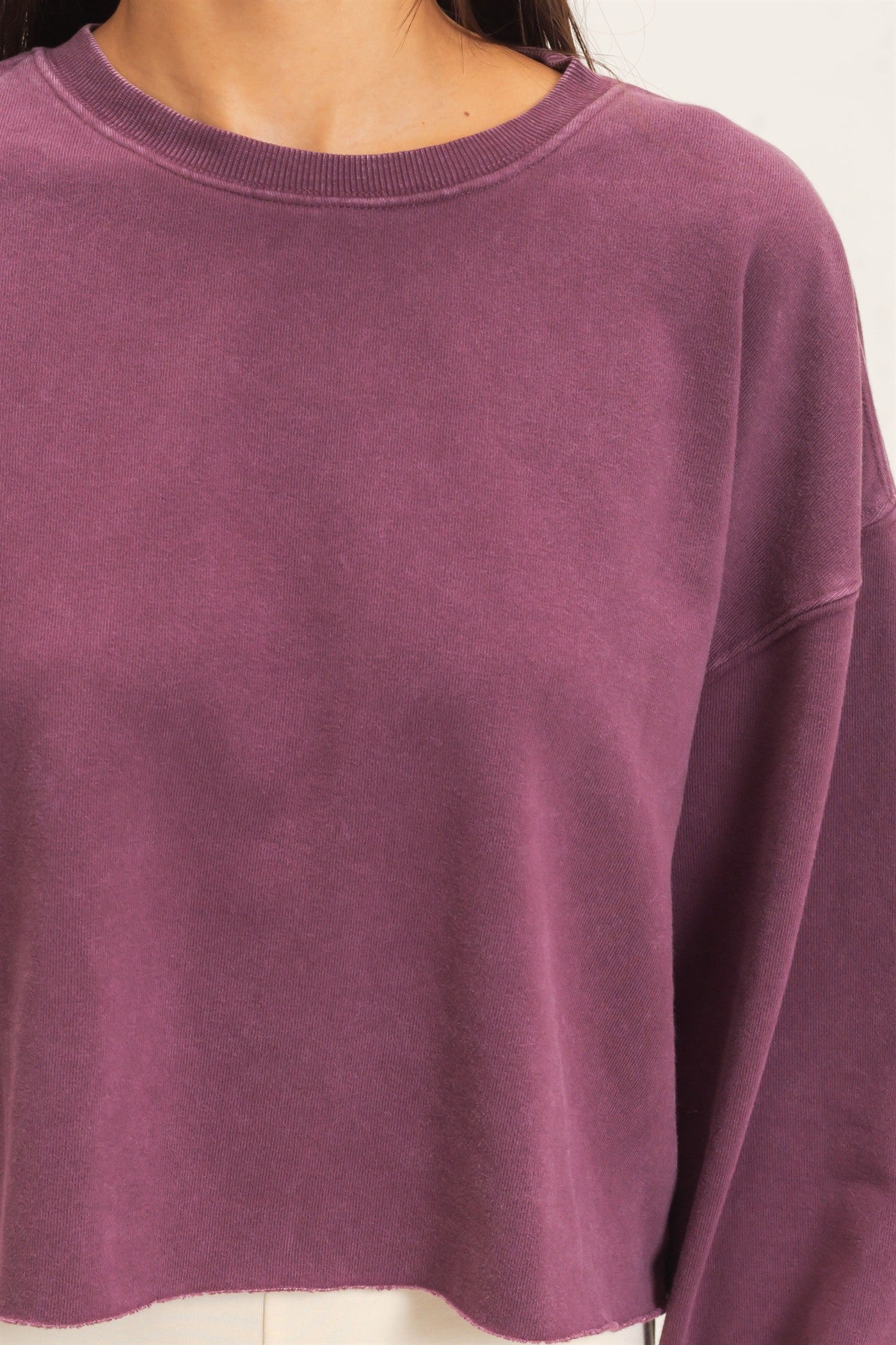 Wholesale Mineral Wash Raw Hem Cropped Sweatshirt Sweatshirts DZ26C968 DARK CHERRY DOUBLE ZERO