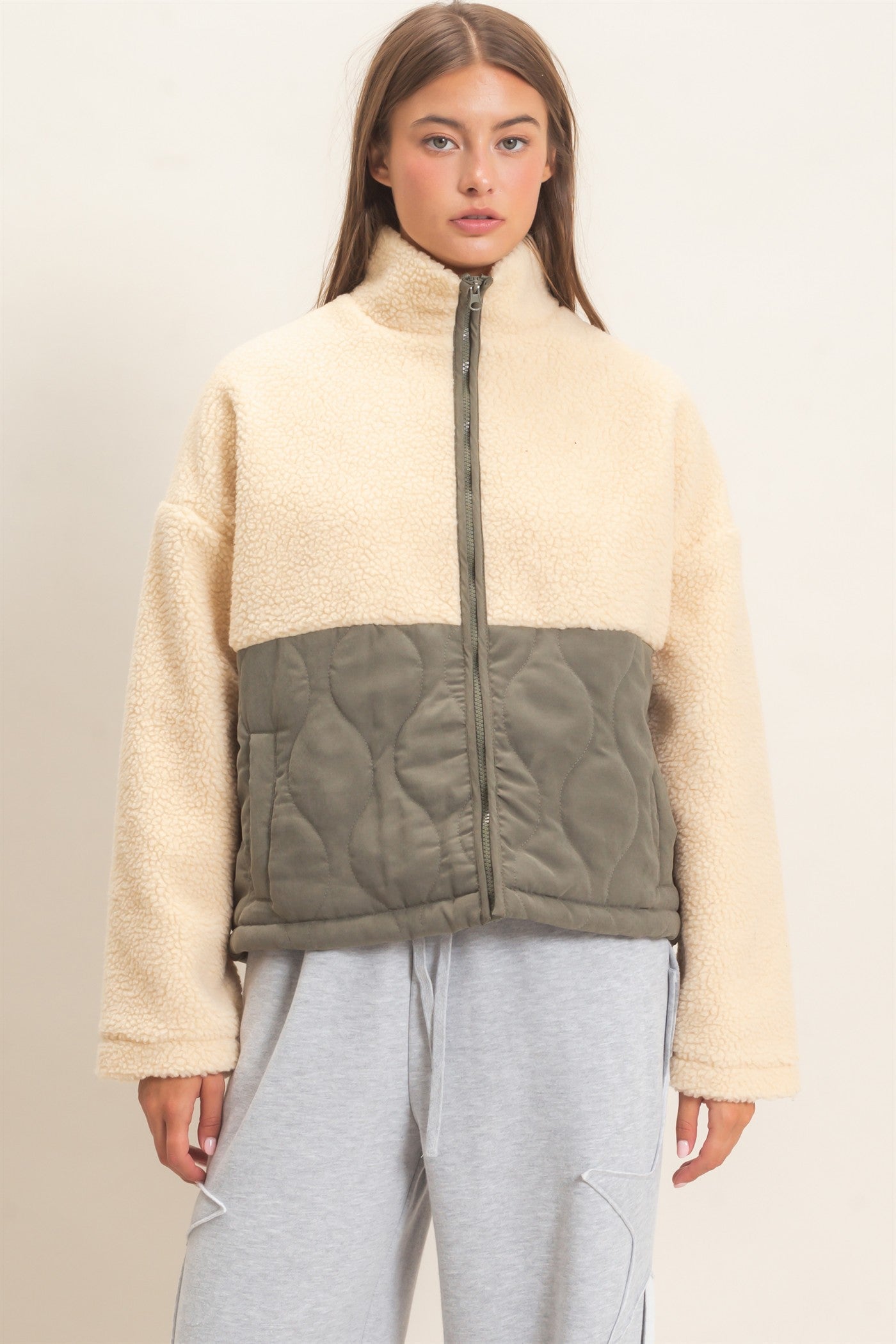Wholesale Quilted Sherpa Zip Up Jacket Coats & Jackets DZ26F259 OLIVE DOUBLE ZERO