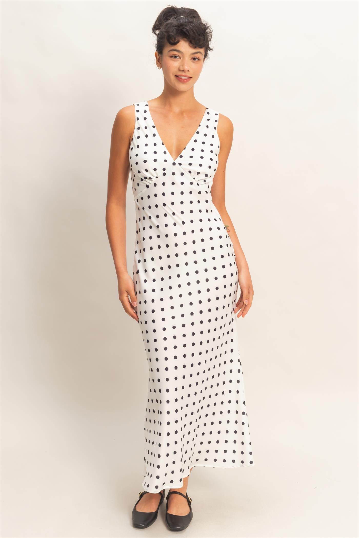 Wholesale Polka Dot Sleeveless Maxi Dress Dresses DZ25E063 WHITE DOUBLE ZERO