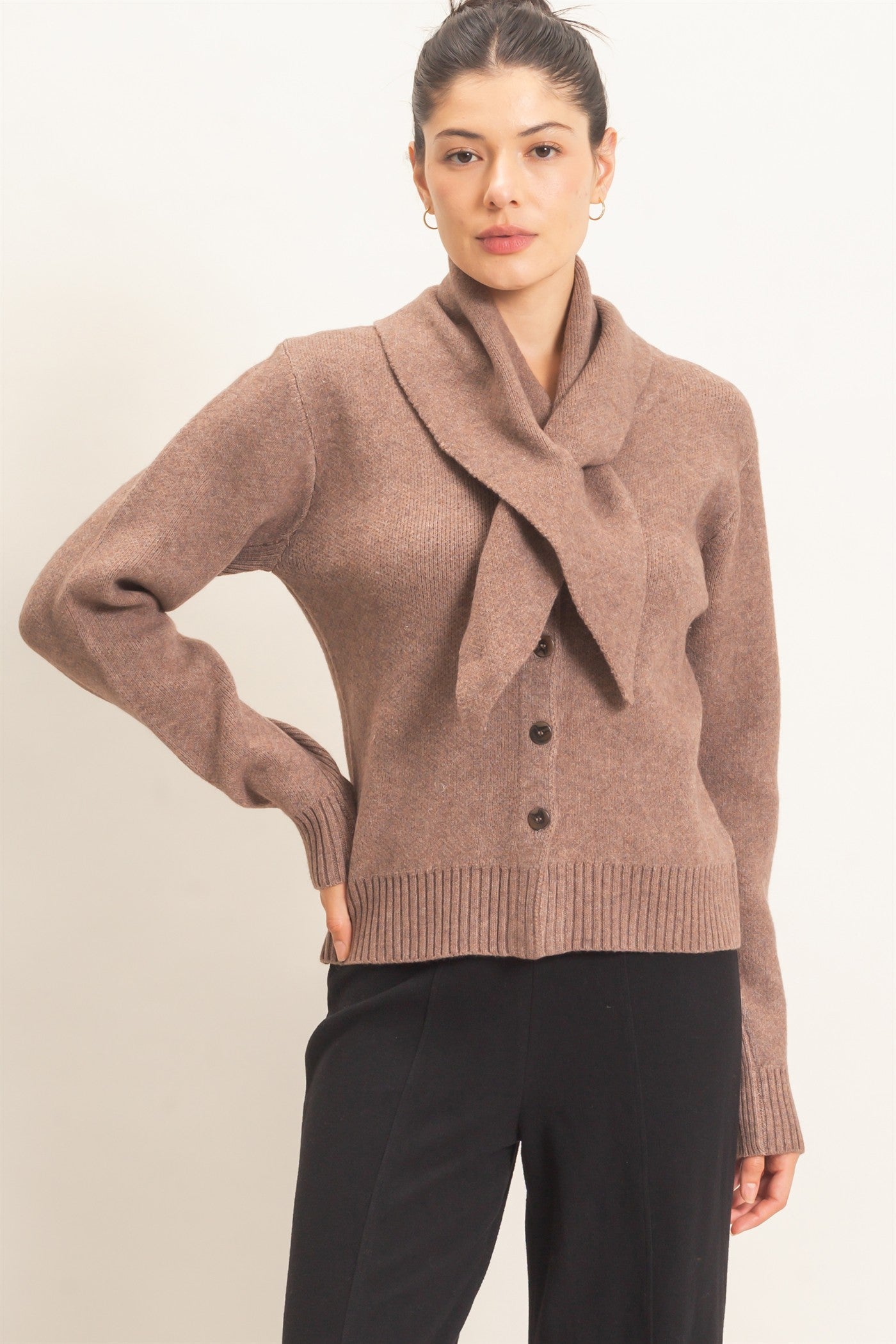 Wholesale Attached Scarf Button-Front Cardigan Cardigans HF26E870 MOCHA HYFVE