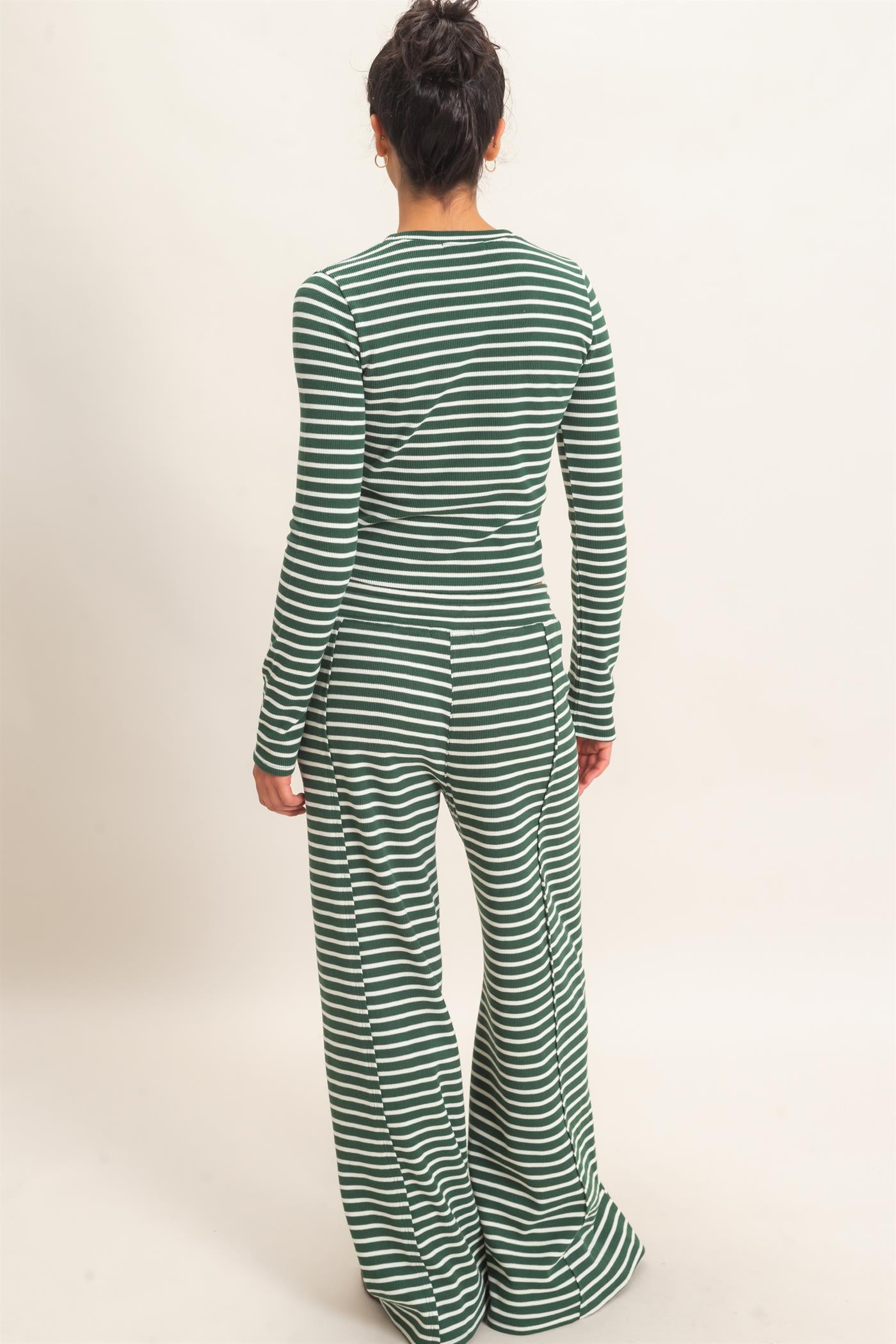 Wholesale Striped Waffle Long Sleeve Top & Pants Set Clothing DZ25F479-SET DARK GREEN DOUBLE ZERO
