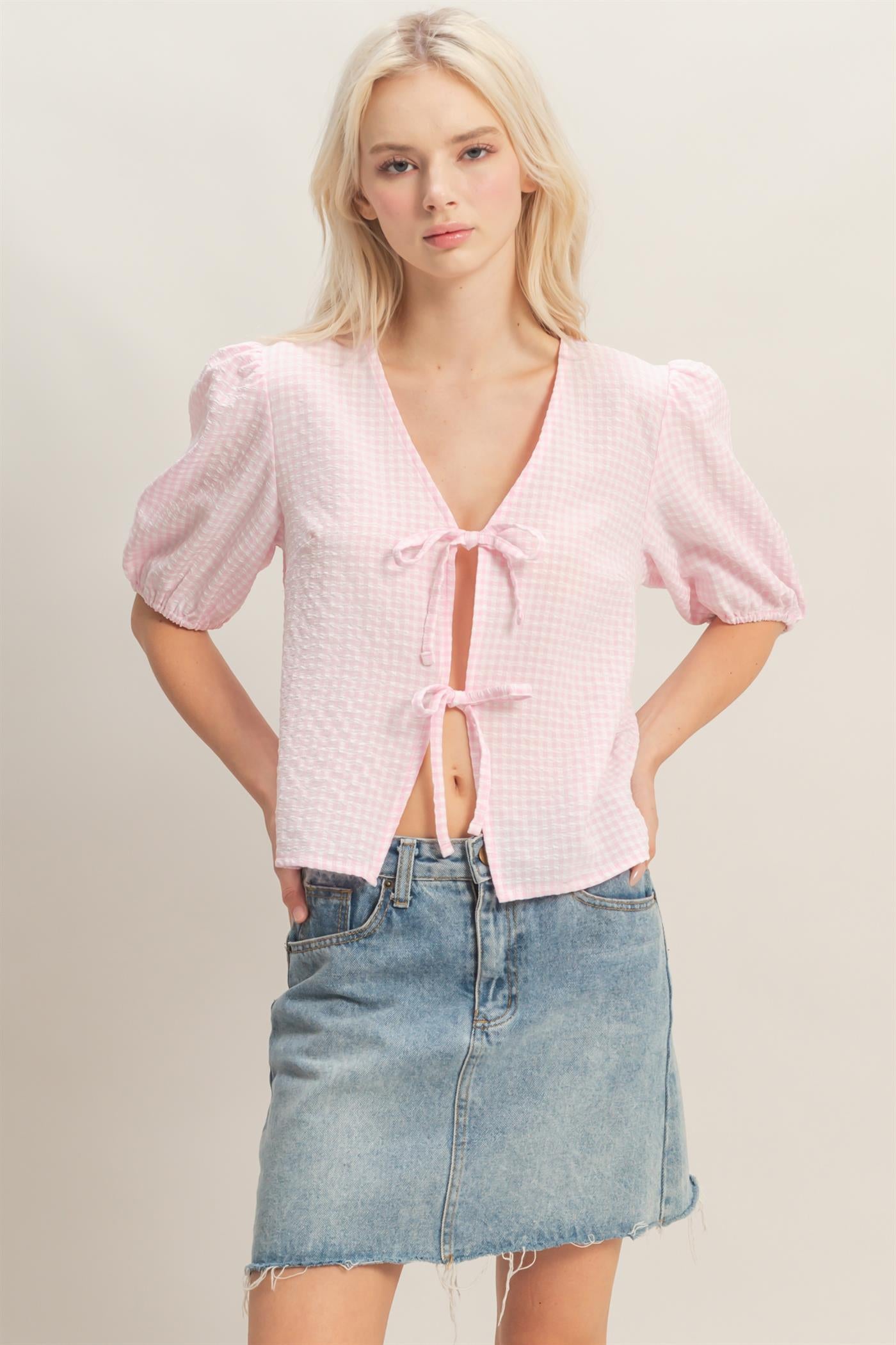 Wholesale Gingham Bow Tie Puff Sleeve Blouse Blouses DZ26C229 PINK DOUBLE ZERO