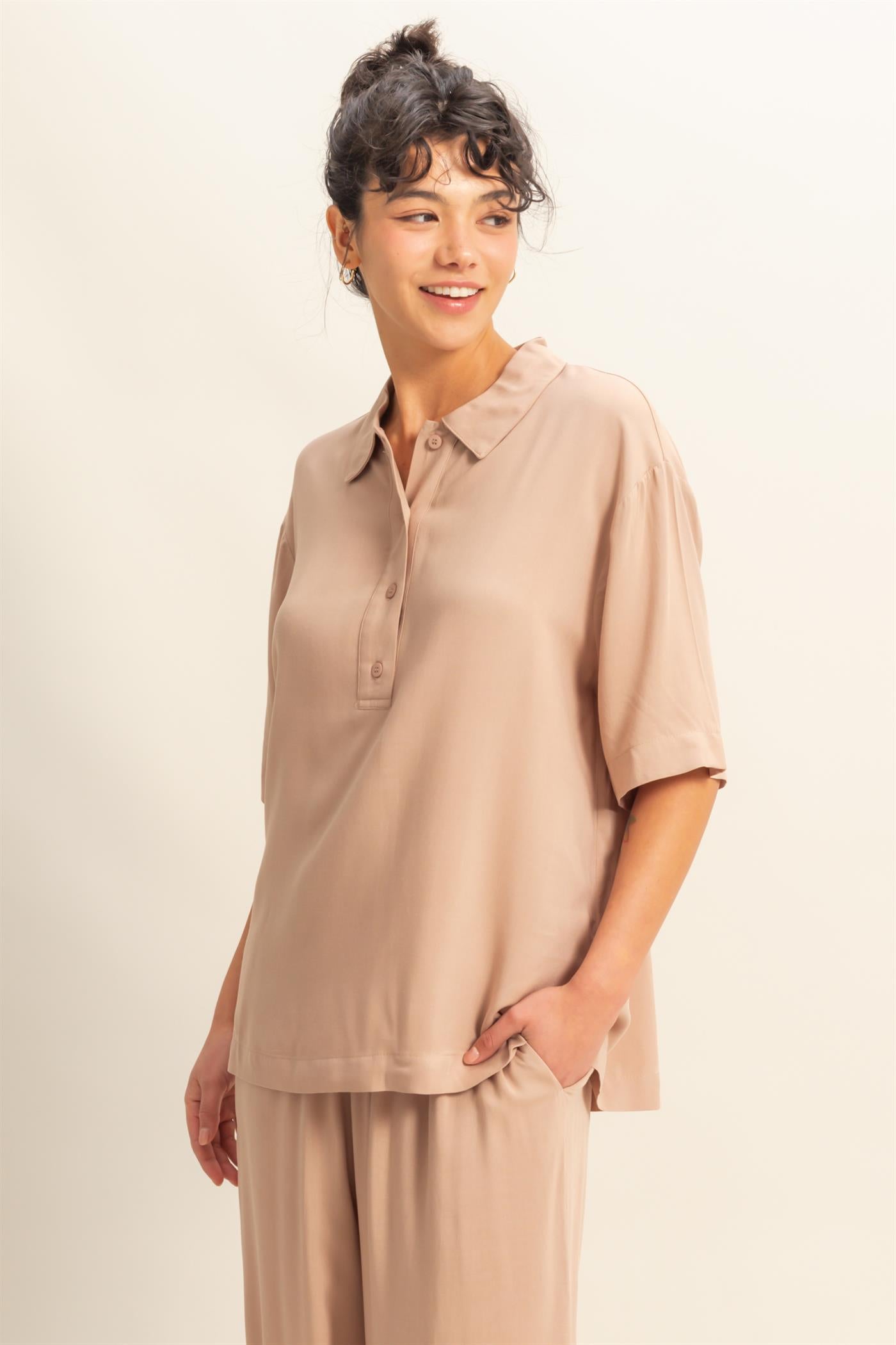 Wholesale Woven Half Button-Up Relaxed Top Clothing Tops DZ25C814 DARK TAUPE DOUBLE ZERO