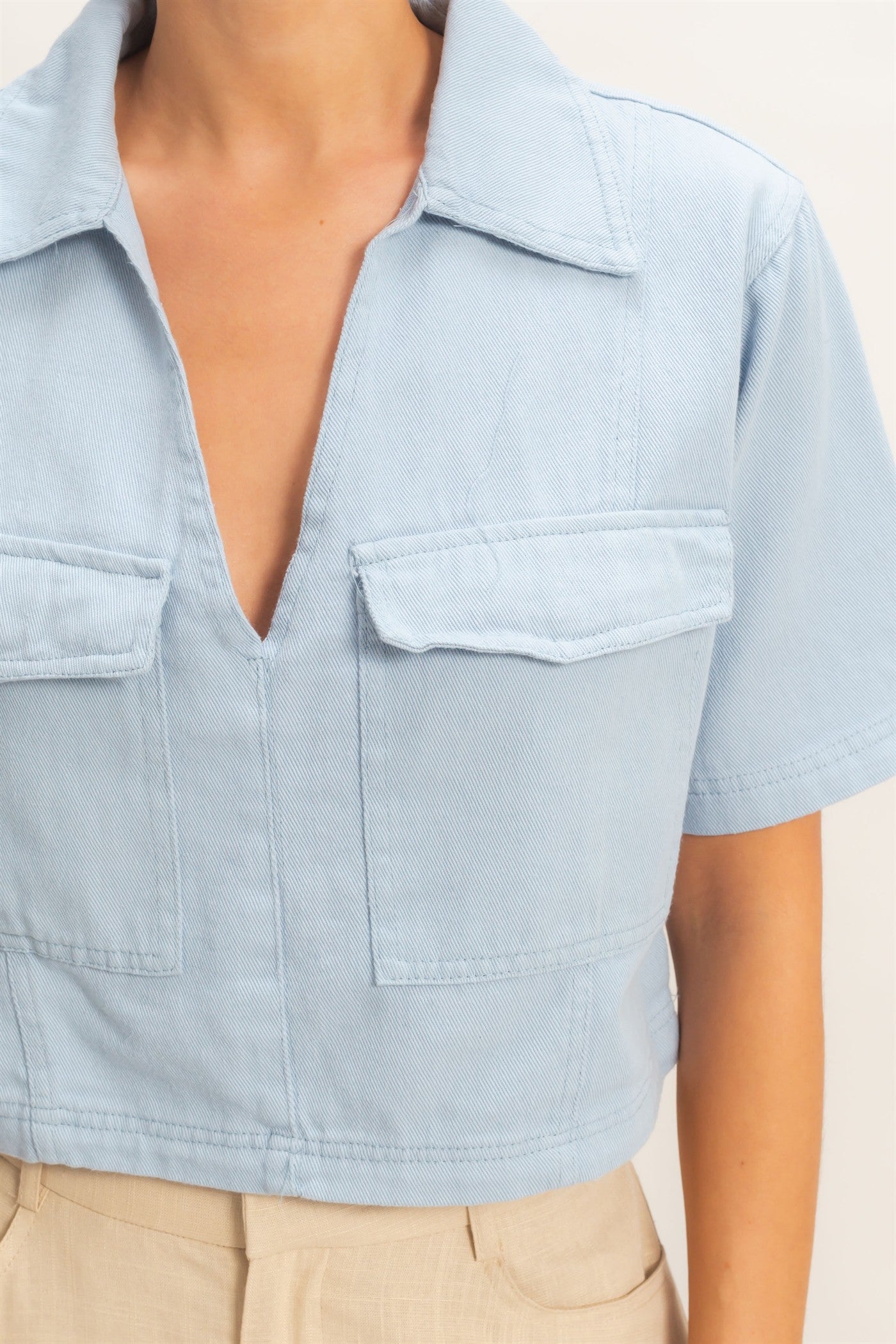 Wholesale Collared V-Neck Top Clothing Tops HF26E444 LIGHT BLUE HYFVE
