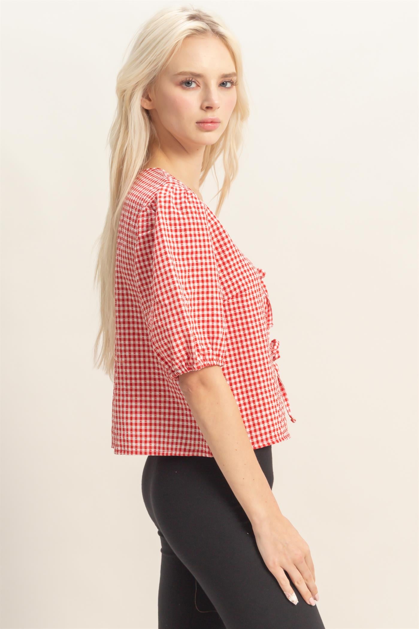 Wholesale Gingham Bow Tie Puff Sleeve Blouse Blouses DZ26C229 RED DOUBLE ZERO