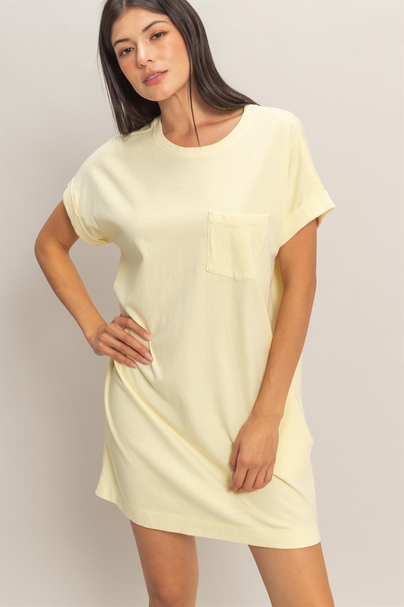 Wholesale Round Neck T-Shirt Mini Dress Dresses DZ26A029 PALE YELLOW DOUBLE ZERO