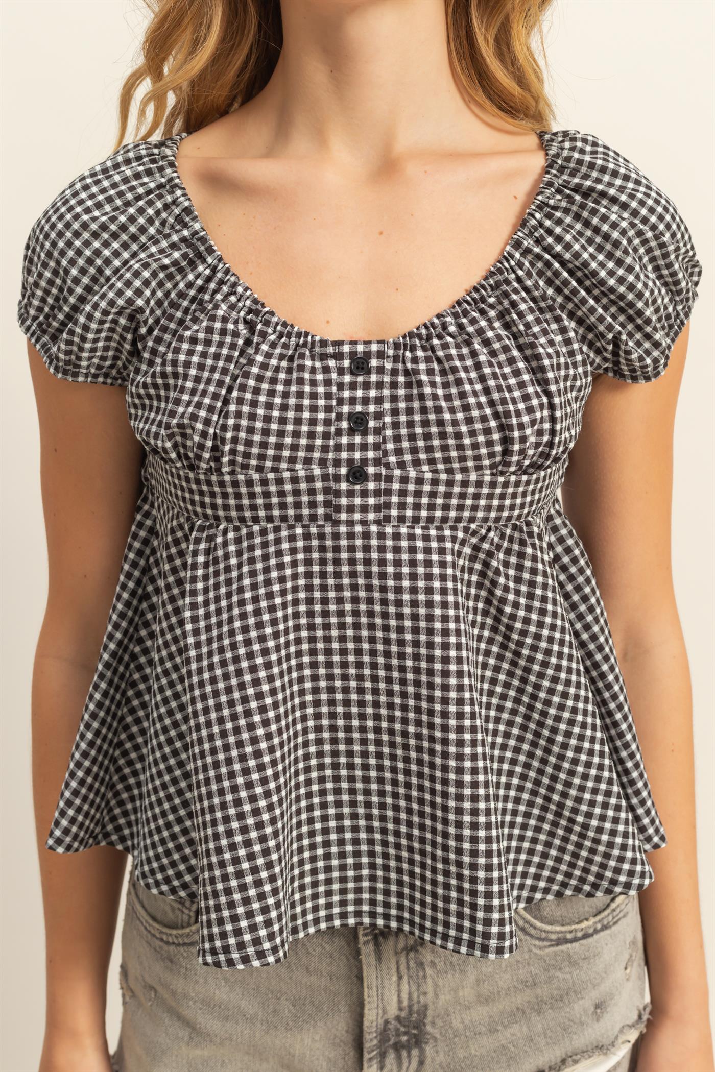 Wholesale Gingham Scoop Neck Cap Sleeve Blouse Blouses DZ25C042 BLACK DOUBLE ZERO