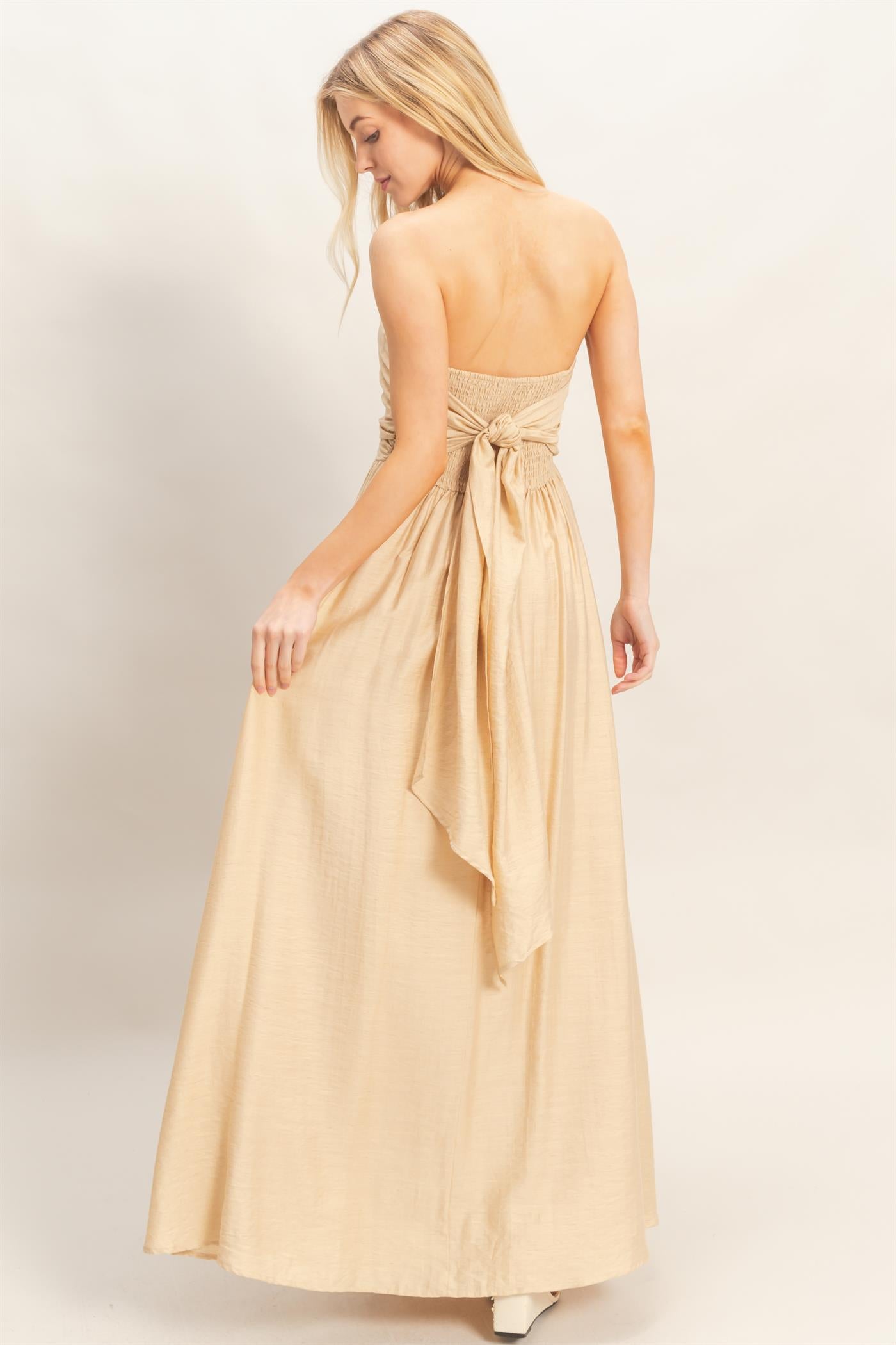 Wholesale Strapless Tie-Back Smocked Dress Dresses HF26C750 LIGHT BEIGE HYFVE