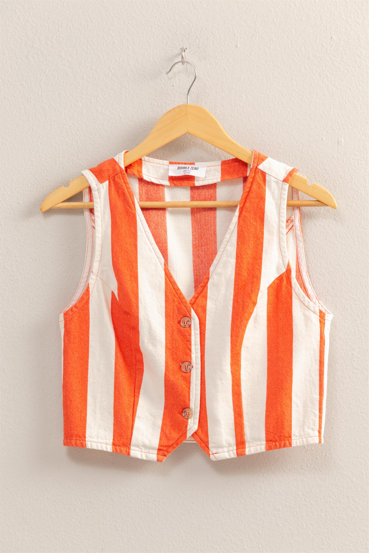 Wholesale Woven Striped V-Neck Sleeveless Vest Vests DZ25A806 TOMATO/CREAM DOUBLE ZERO