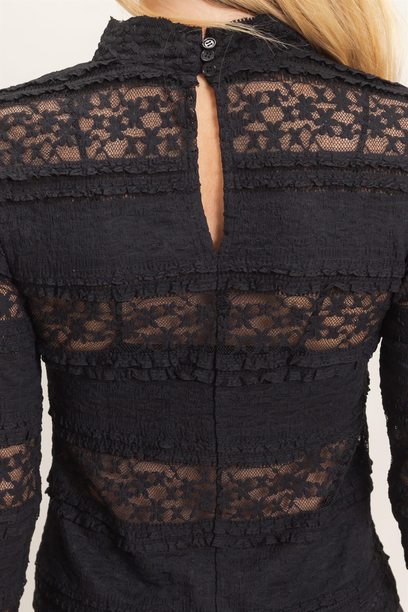 Wholesale Textured Lace High Neck Top Clothing Tops HF26C769 BLACK HYFVE