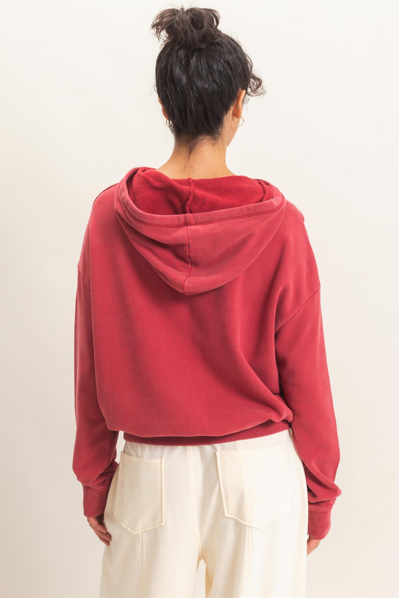 Wholesale Acid Wash Hoodie Clothing Tops DZ26E112 DARK RED DOUBLE ZERO