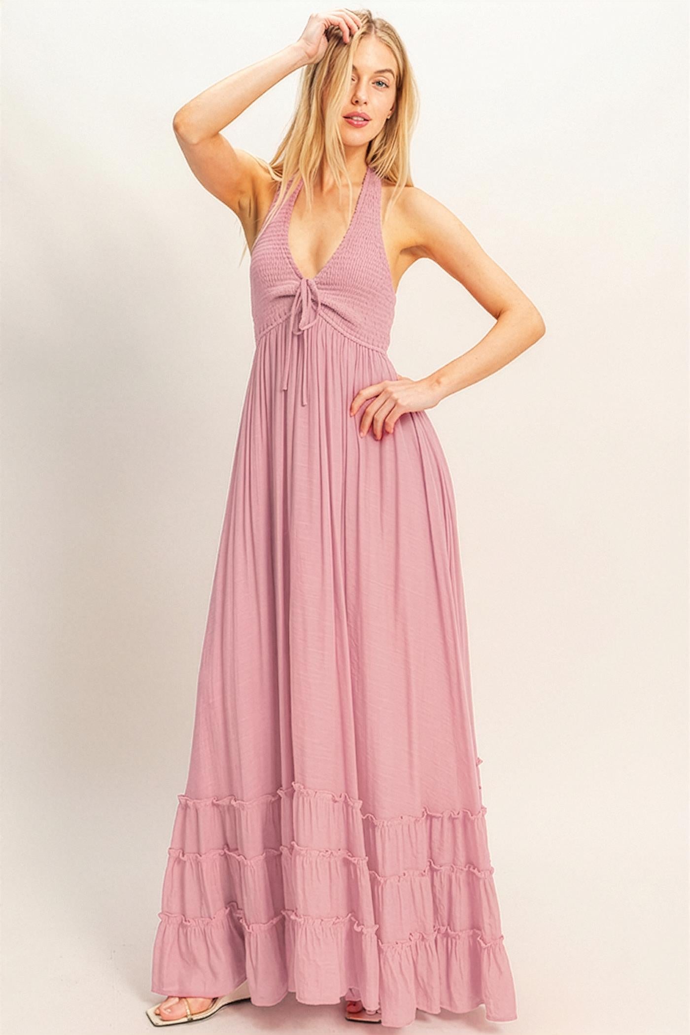Wholesale Halter Neck Smocked Maxi Dress Dresses HF26C287-D PINK HYFVE