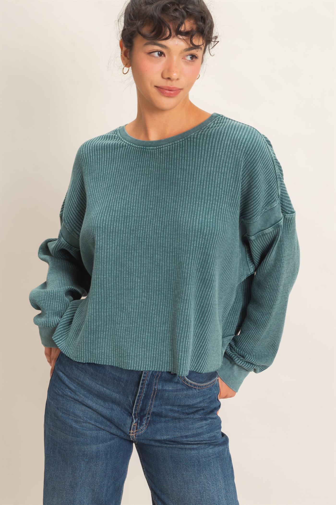Wholesale Mineral Wash Waffle Open Back Top Clothing Tops DZ26C964 DARK TEAL DOUBLE ZERO