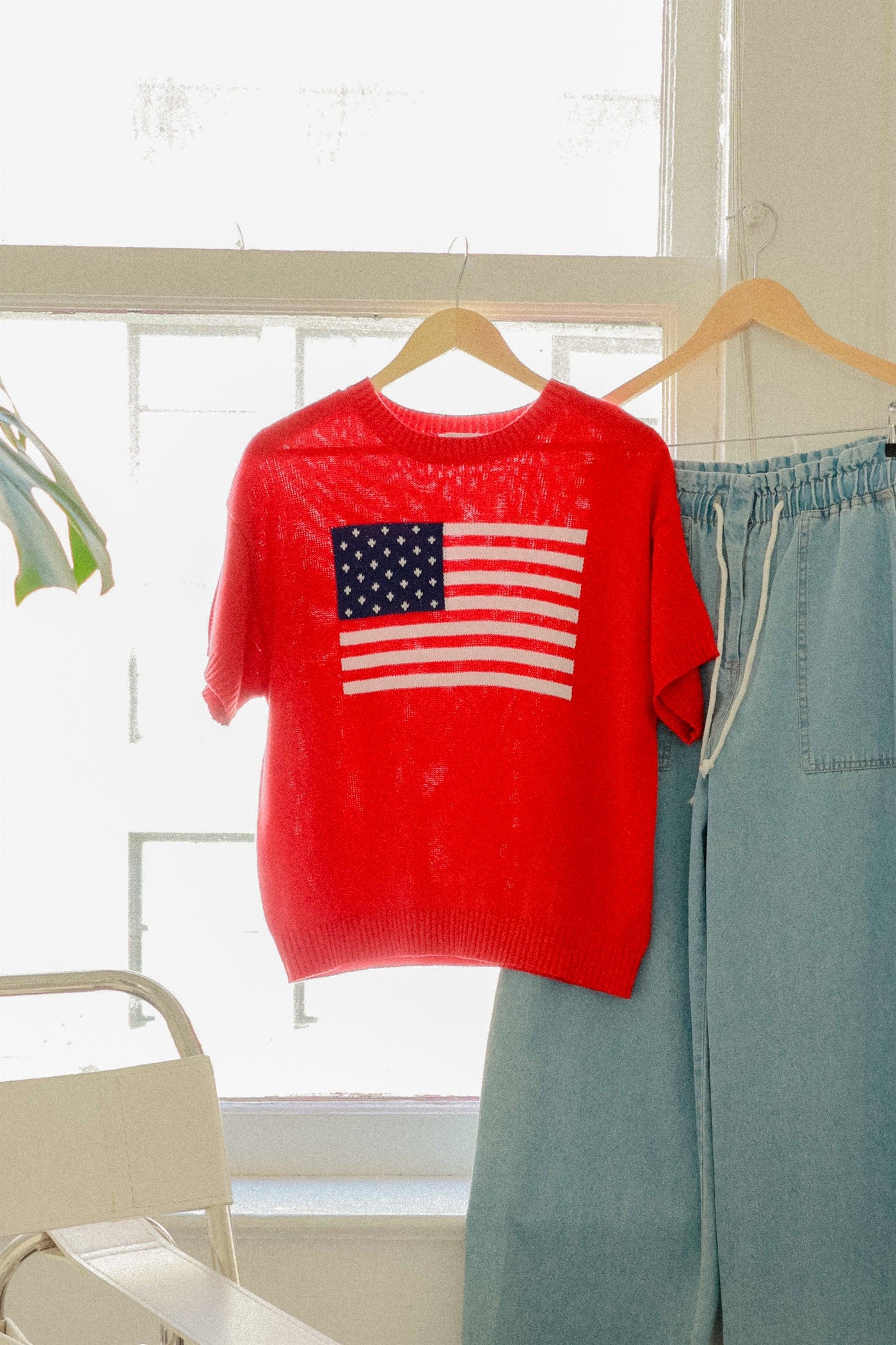 Wholesale American Flag Knit Top Shirts DZ26A309 RED DOUBLE ZERO