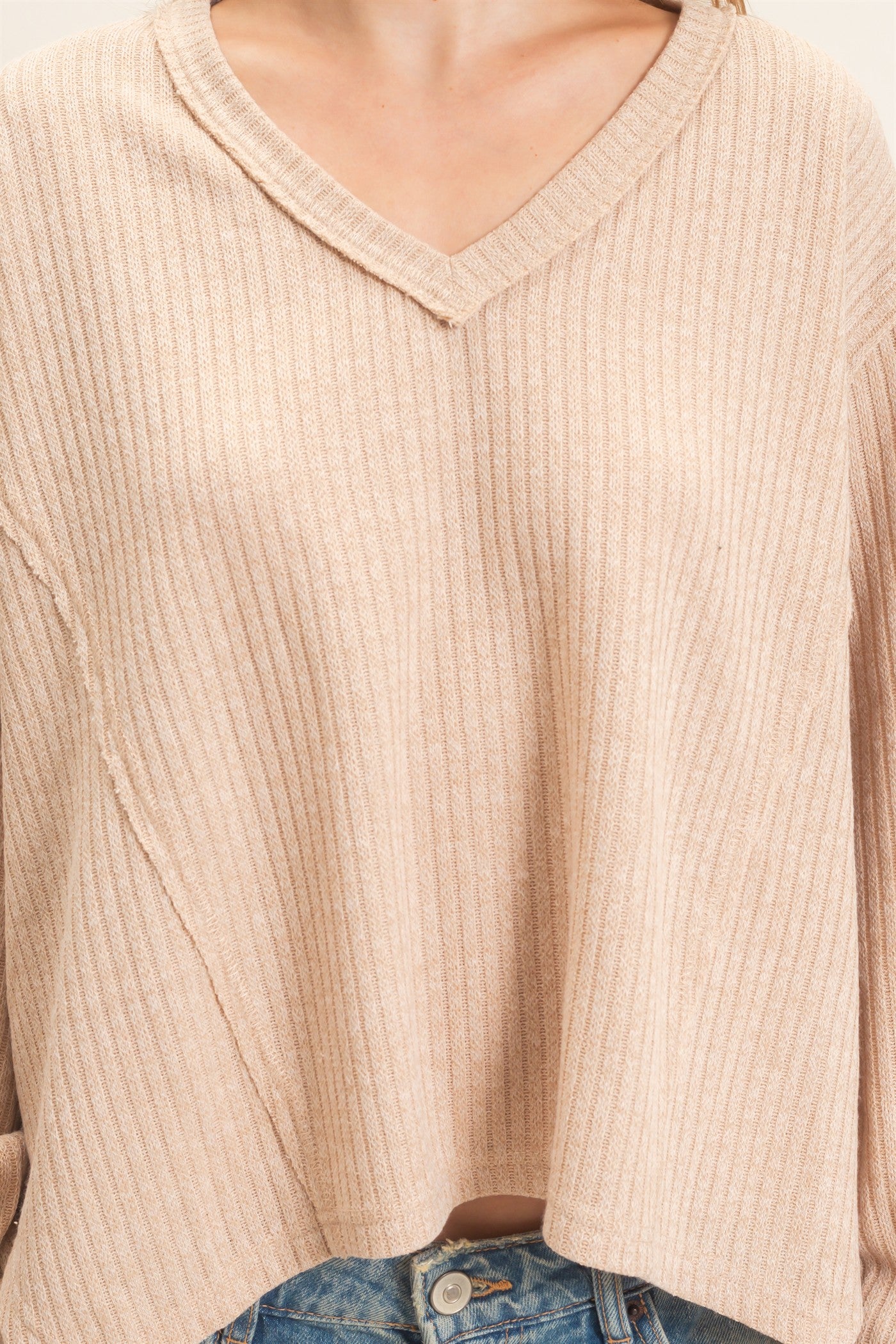 Wholesale Ribbed V-Neck Knit Top Shirts HF26F351 BEIGE HYFVE