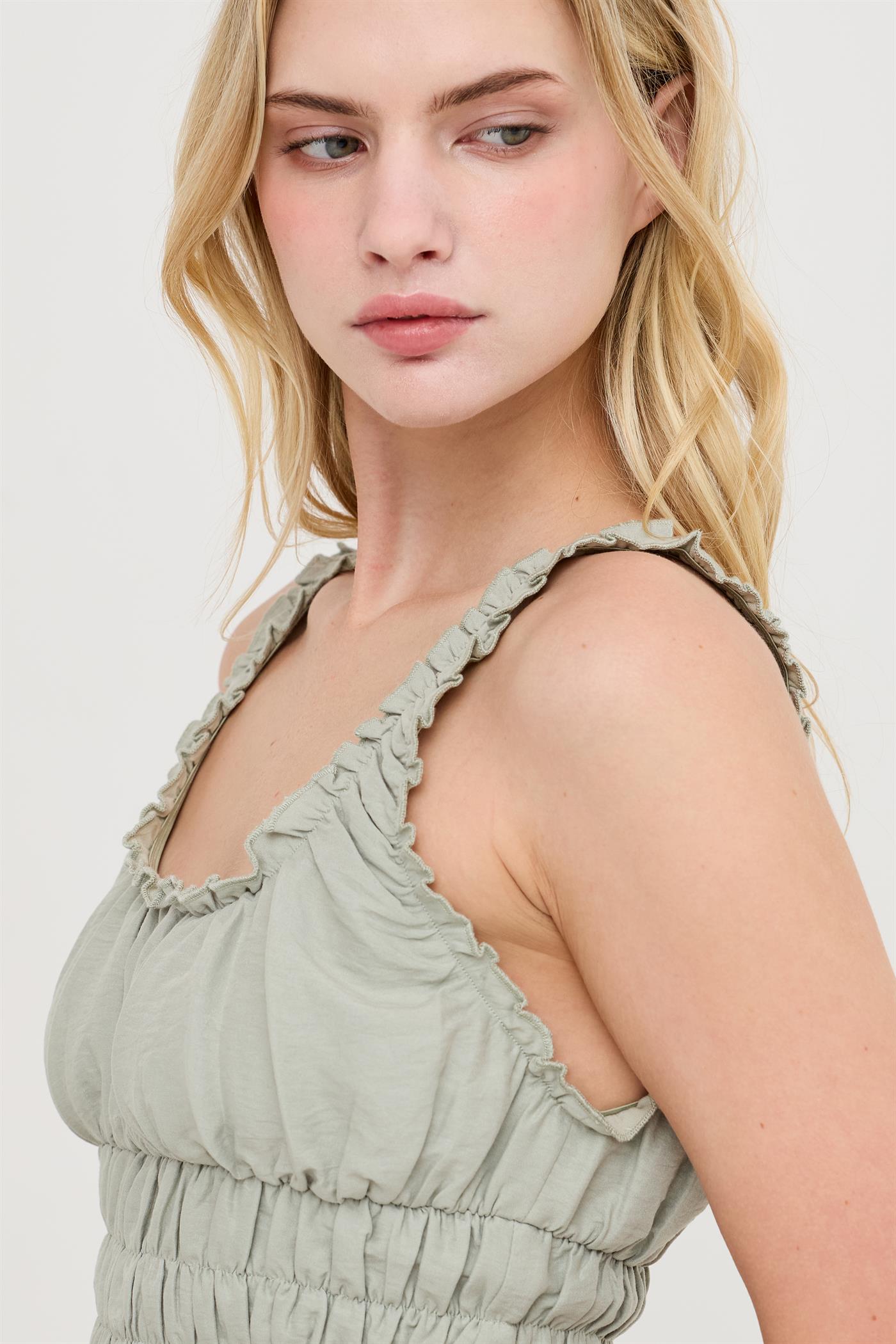 Wholesale Ruched Square Neck Smocked Top Clothing Tops HF26E388-D SAGE HYFVE