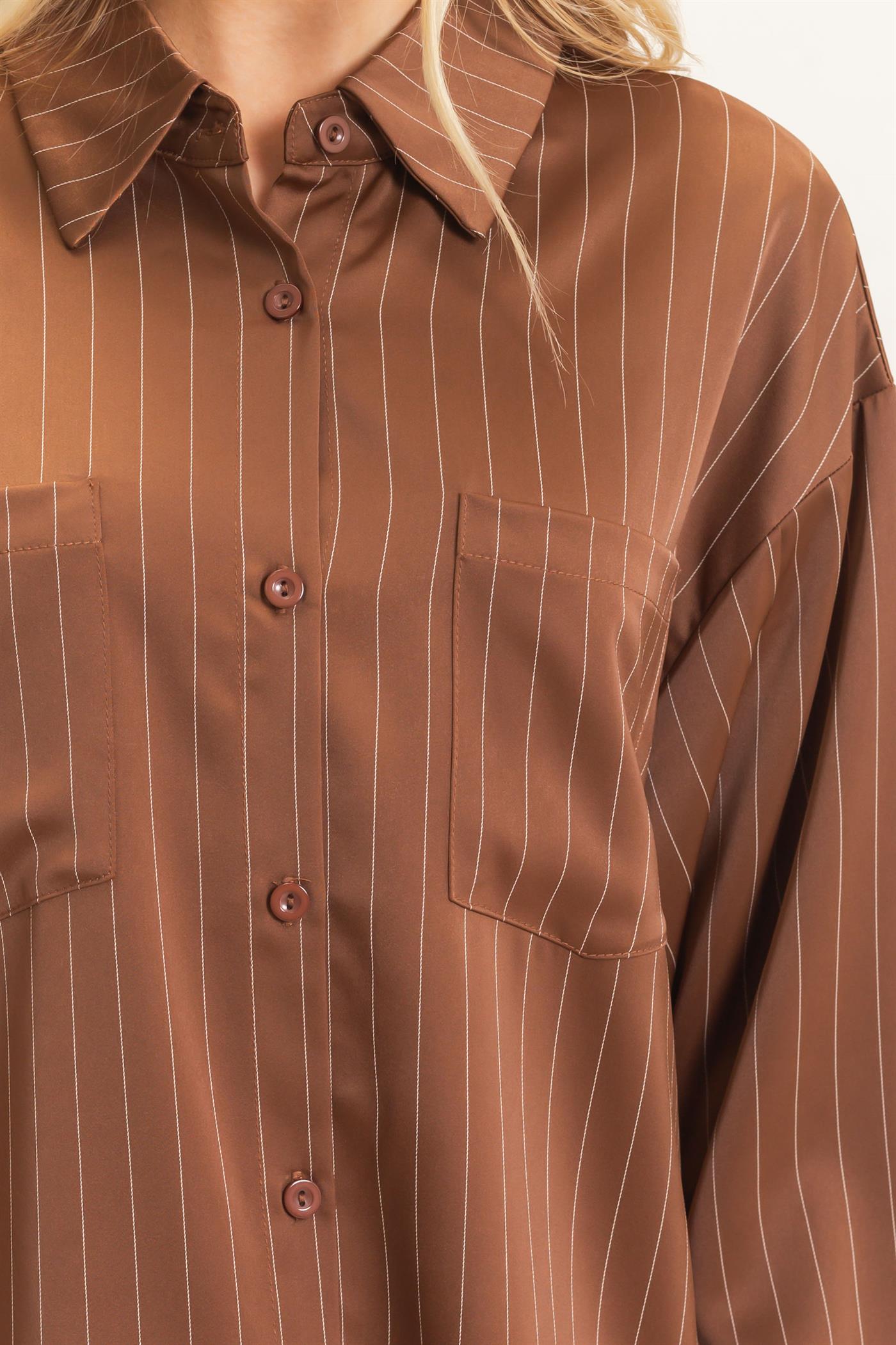 Wholesale Striped Button-Up Blouse Blouses HF26C953 CHOCOLATE HYFVE