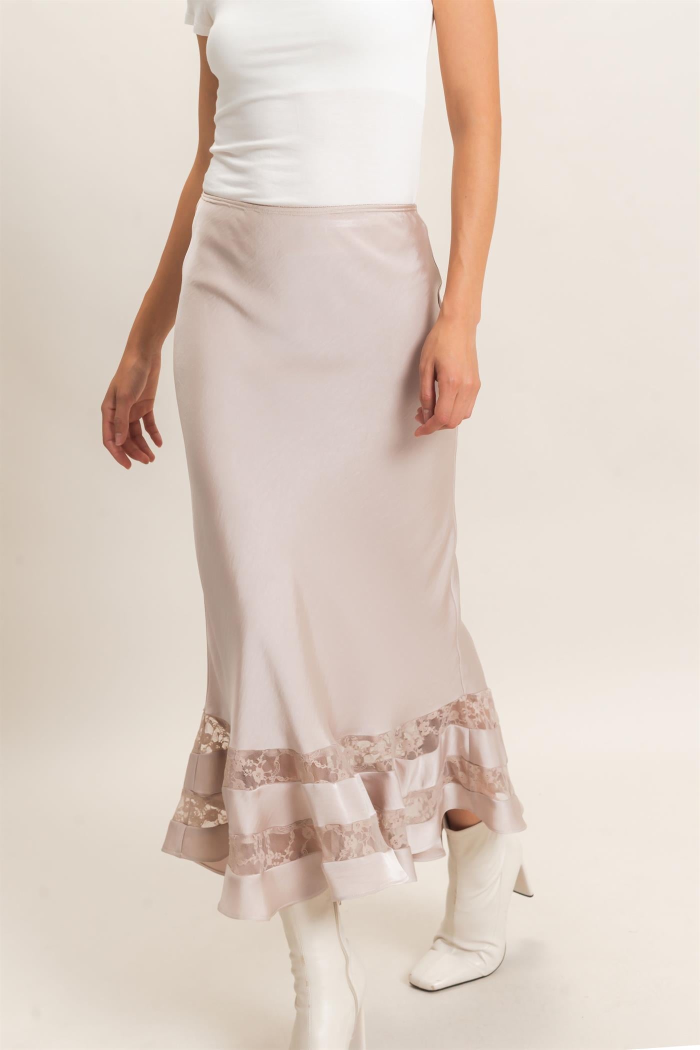 Wholesale Bias Cut Satin Skirt With Lace Hem Skirts HF26E306 CHAMPAGNE BEIGE HYFVE