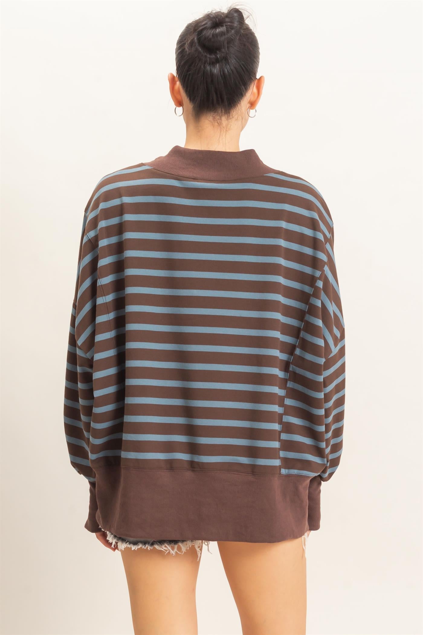Wholesale Striped Mock Neck Sweatshirt Sweatshirts HF27A178-D BROWN/D.BLUE HYFVE