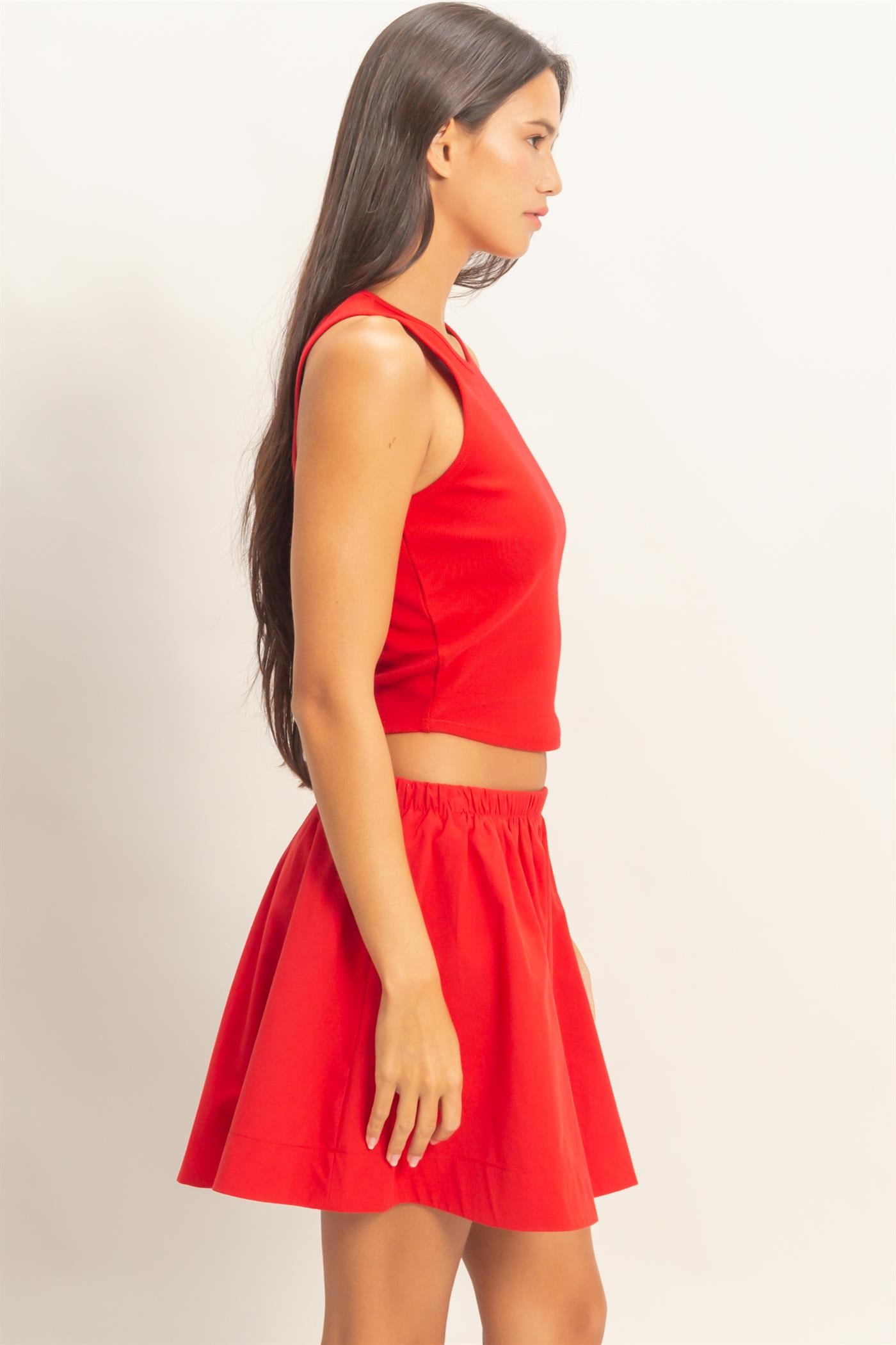 Wholesale Sleeveless Ribbed Top And Skirt Set Clothing DZ26C346-SET RED DOUBLE ZERO