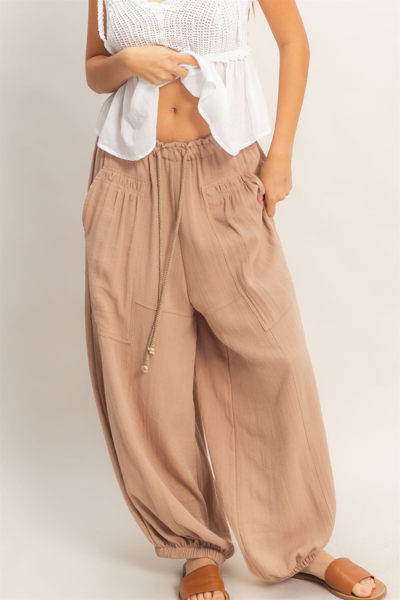 Wholesale Elastic Hem Drawstring Pants Pants HF26A905-D LIGHT BROWN HYFVE