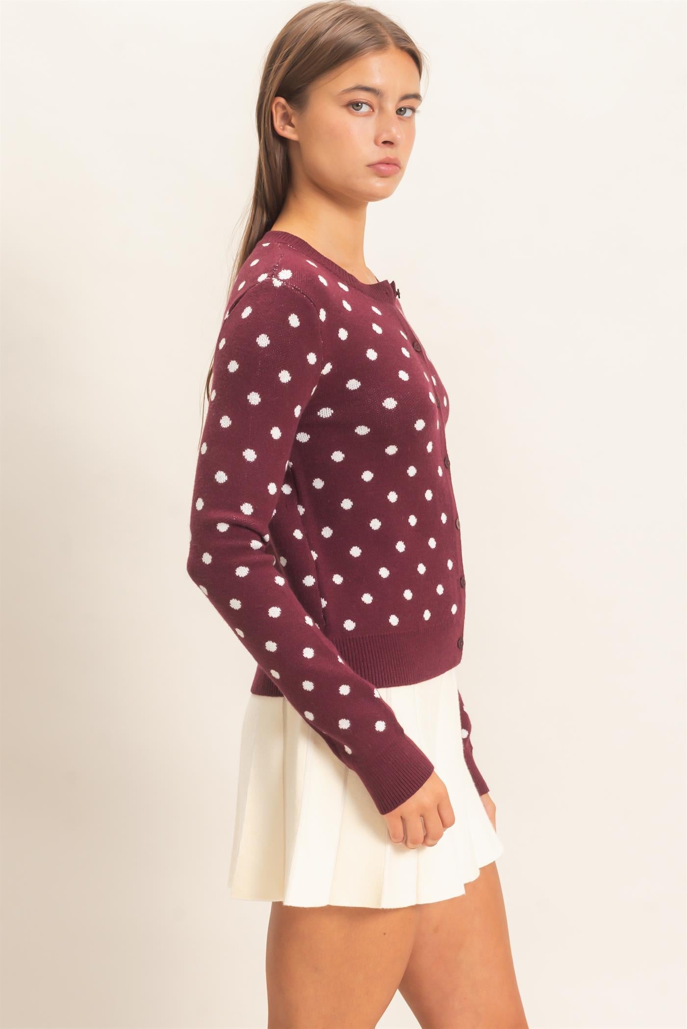 Wholesale Polka Dot Cardigan Sweaters DZ26E453 DARK CHERRY DOUBLE ZERO