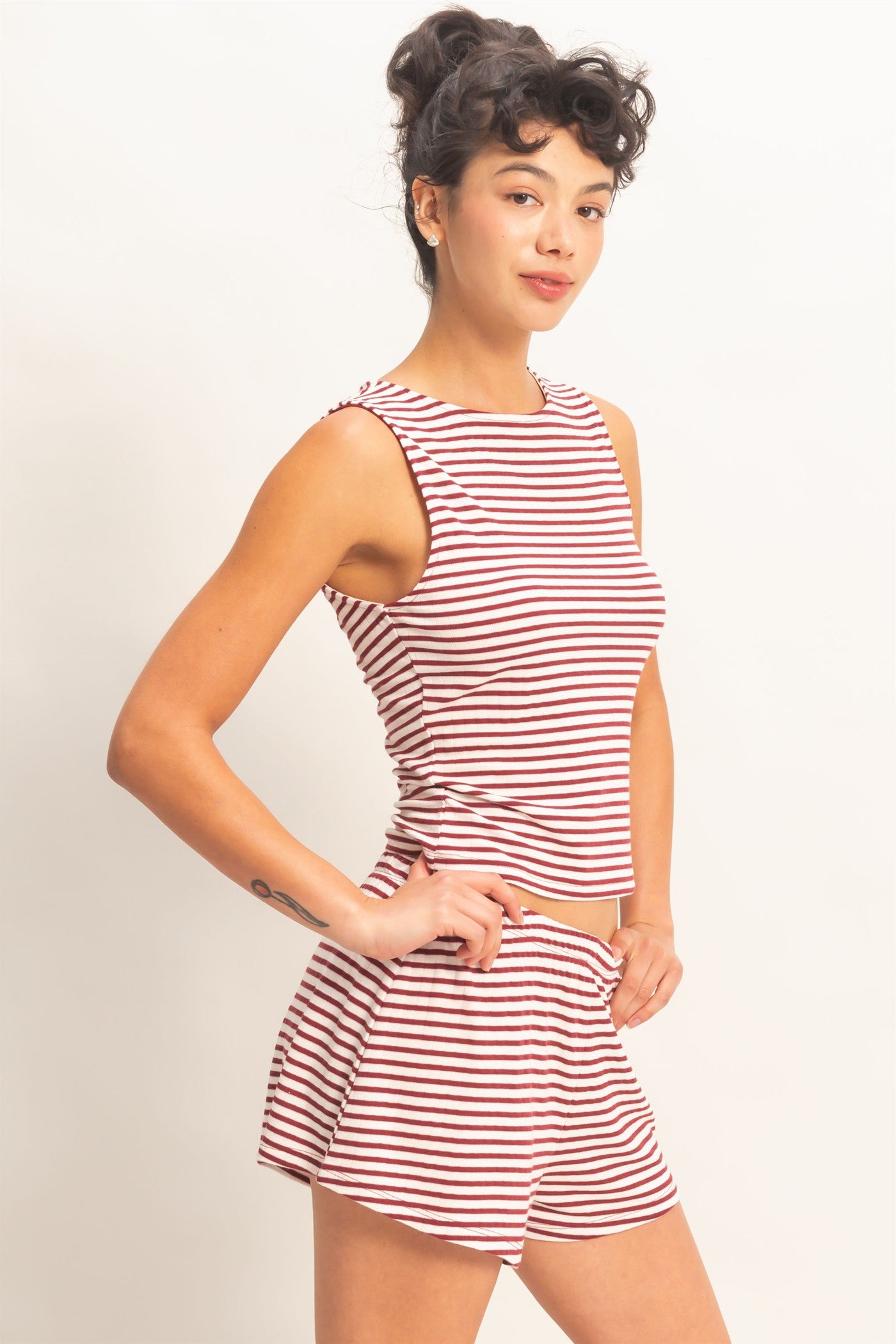 Wholesale Striped Sleeveless Tank And Shorts Set Clothing DZ26E137-SET DARK RED DOUBLE ZERO