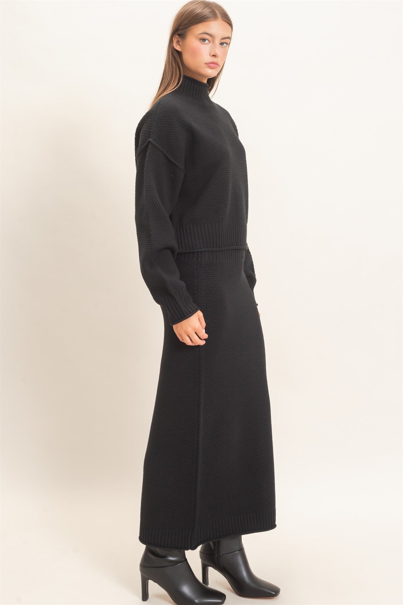 Wholesale High Neck Long Sleeve Top & Maxi Skirt Set Clothing DZ26E272-SET BLACK DOUBLE ZERO