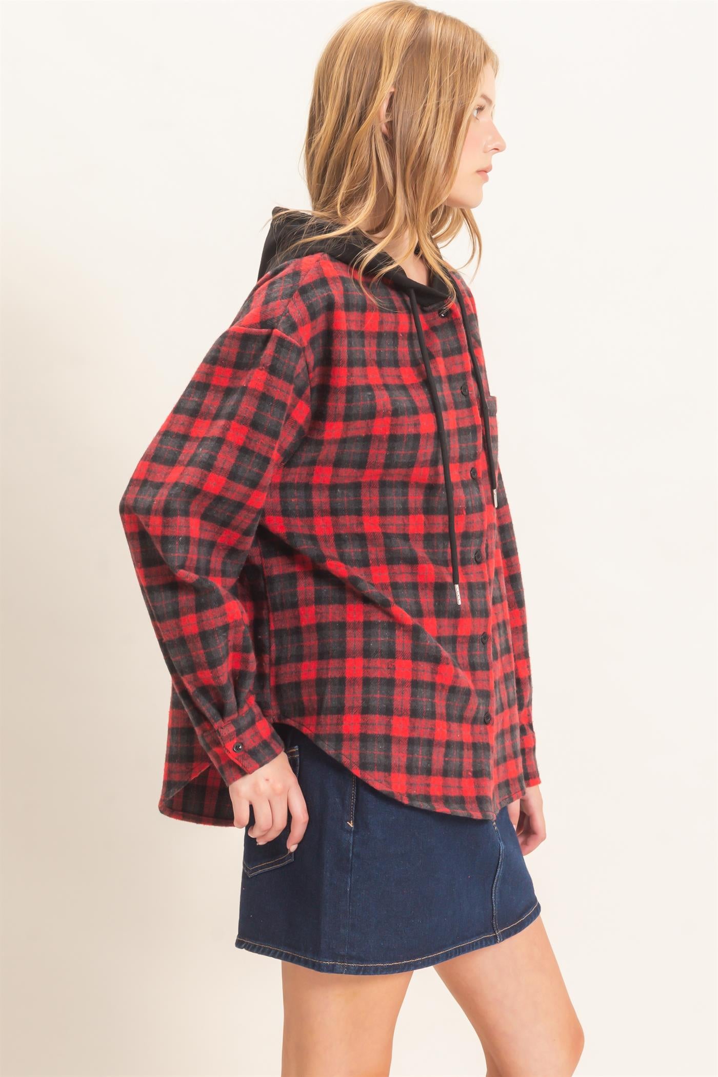 Wholesale Hooded Plaid Button-Up Shirt Shirts HF26F018 RED HYFVE