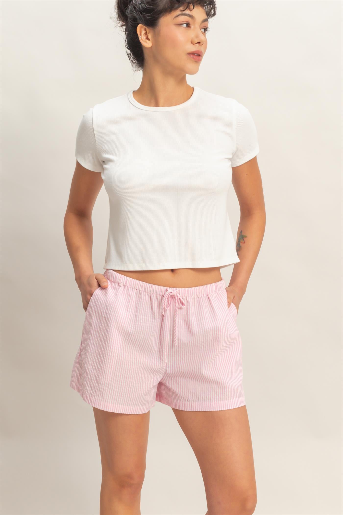 Wholesale Striped Drawstring Waist Shorts Shorts DZ26A747 PINK DOUBLE ZERO