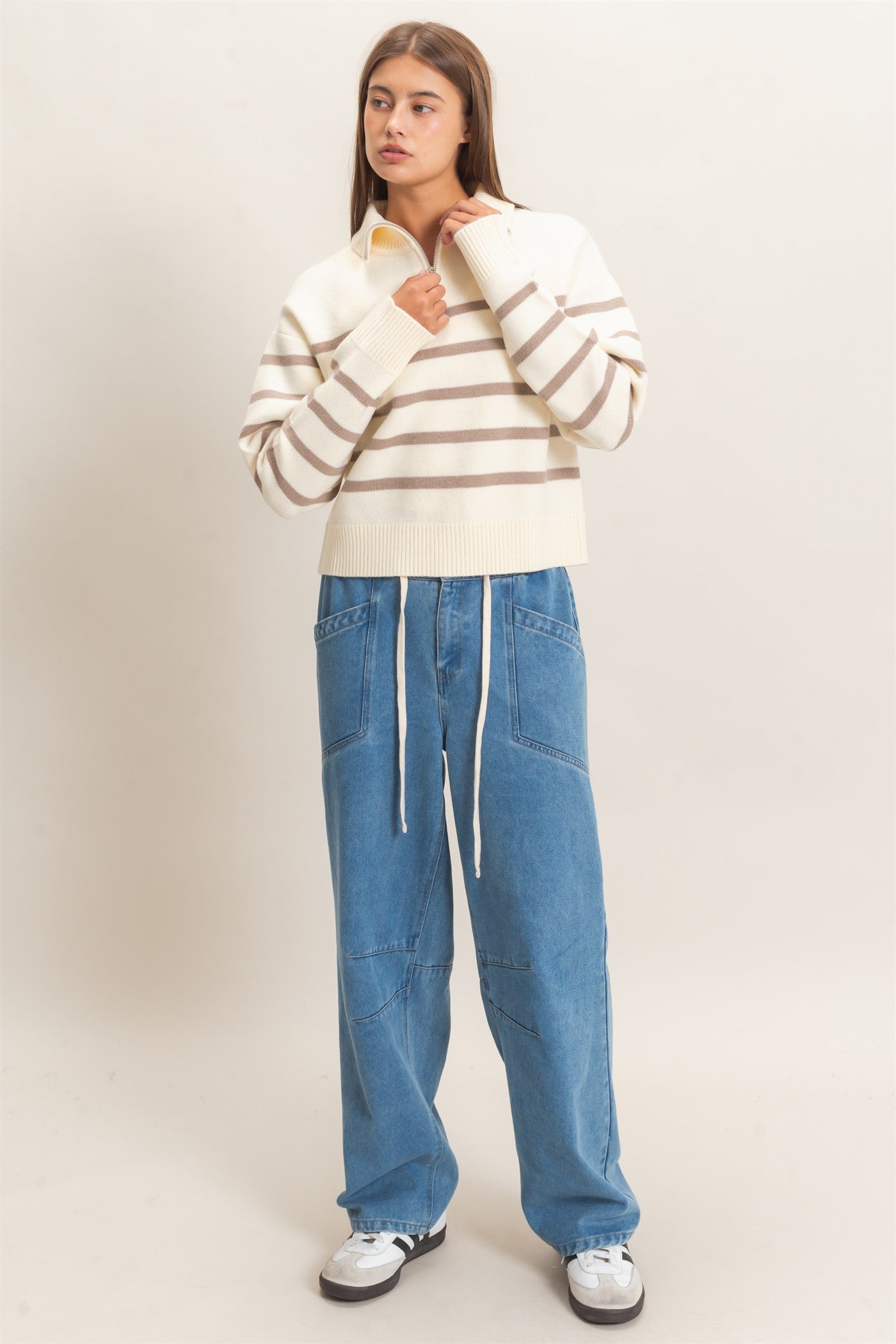 Wholesale Half-Zip Collared Stripe Sweater Sweaters DZ26E950 TAUPE DOUBLE ZERO