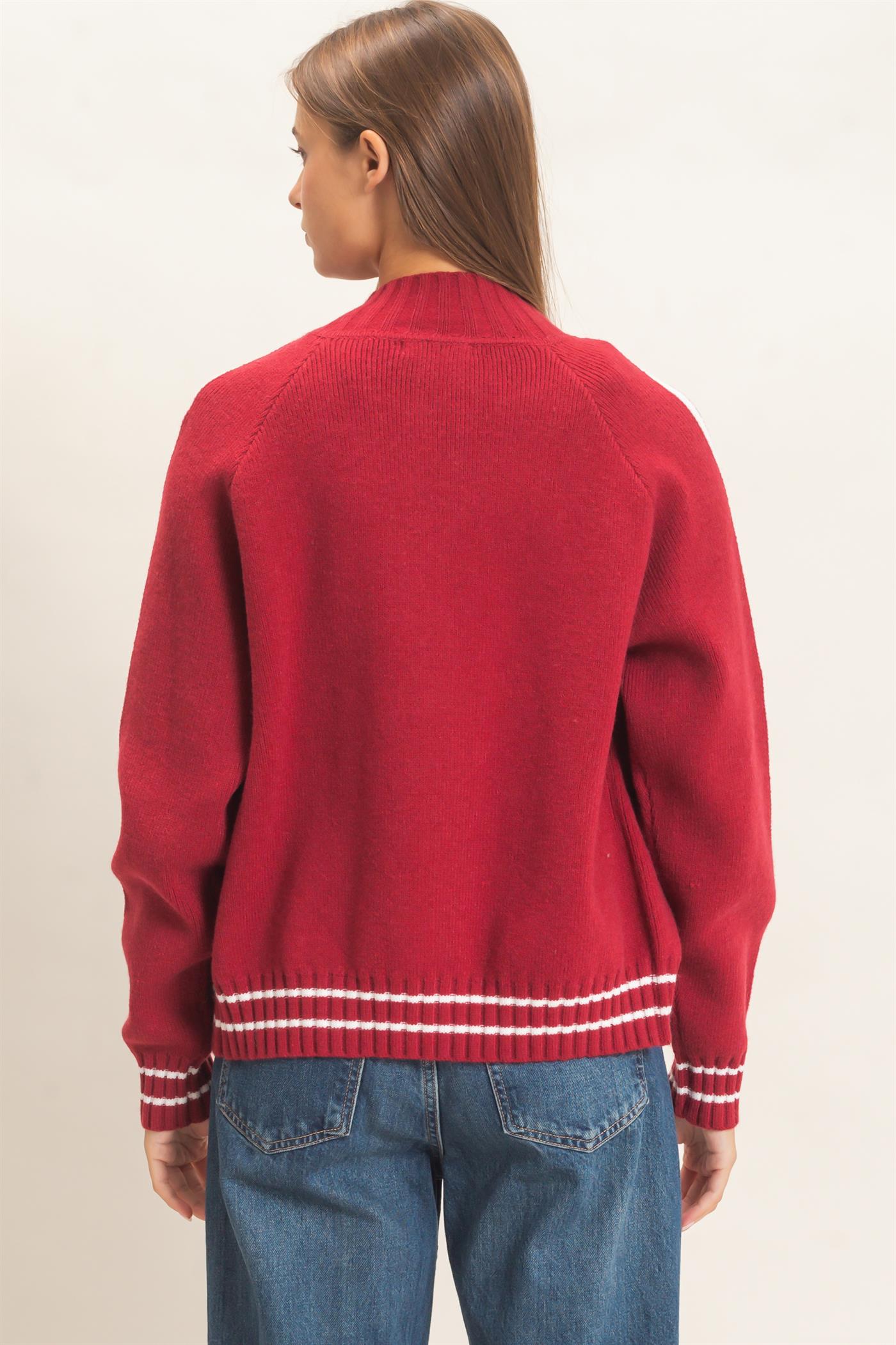 Wholesale Contrast Stripe Zip-Up Sweater Sweaters DZ26E861 DARK RED DOUBLE ZERO