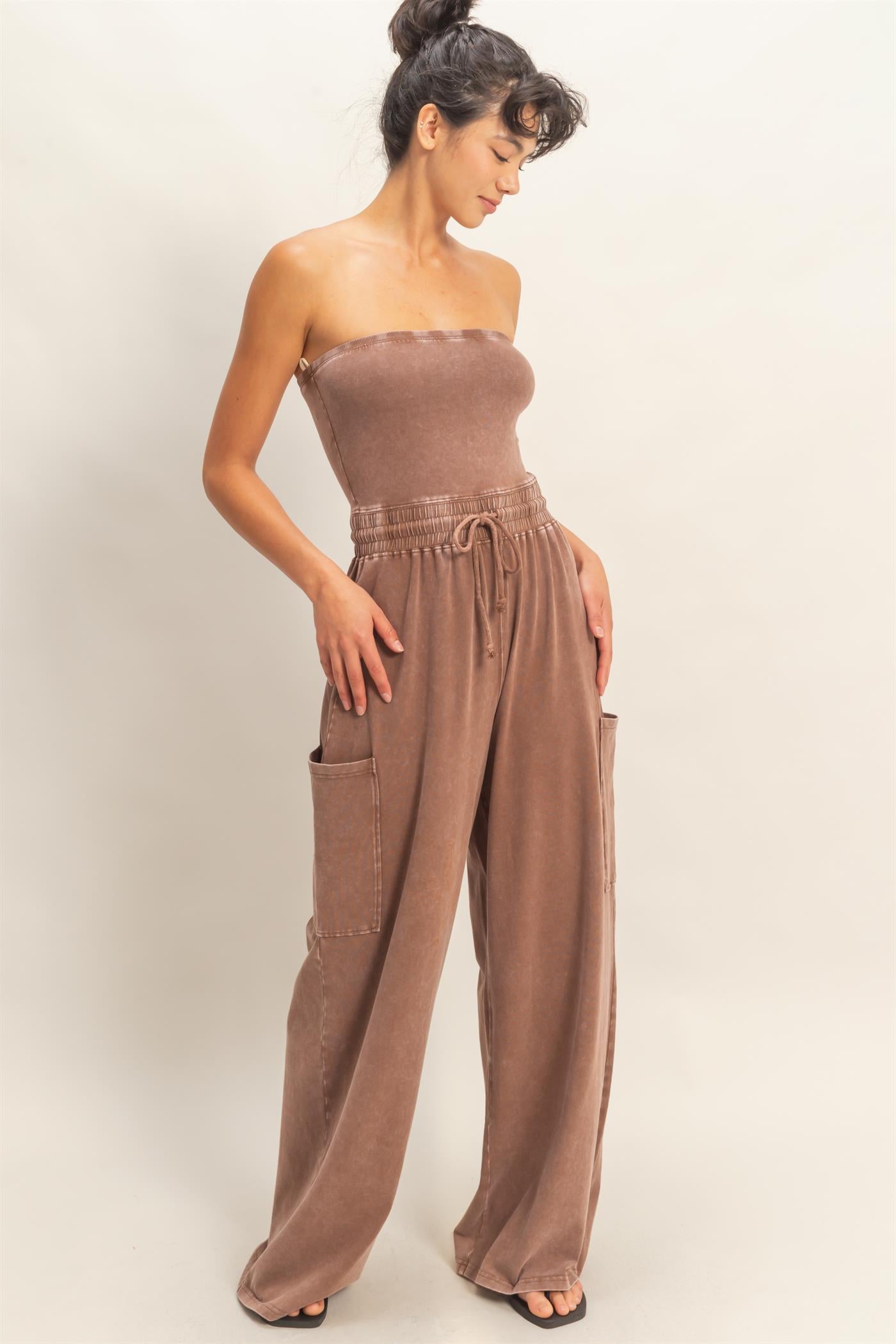 Wholesale Mineral Wash Strapless Wide-Leg Jumpsuit Clothing DZ26C376 CHOCOLATE DOUBLE ZERO
