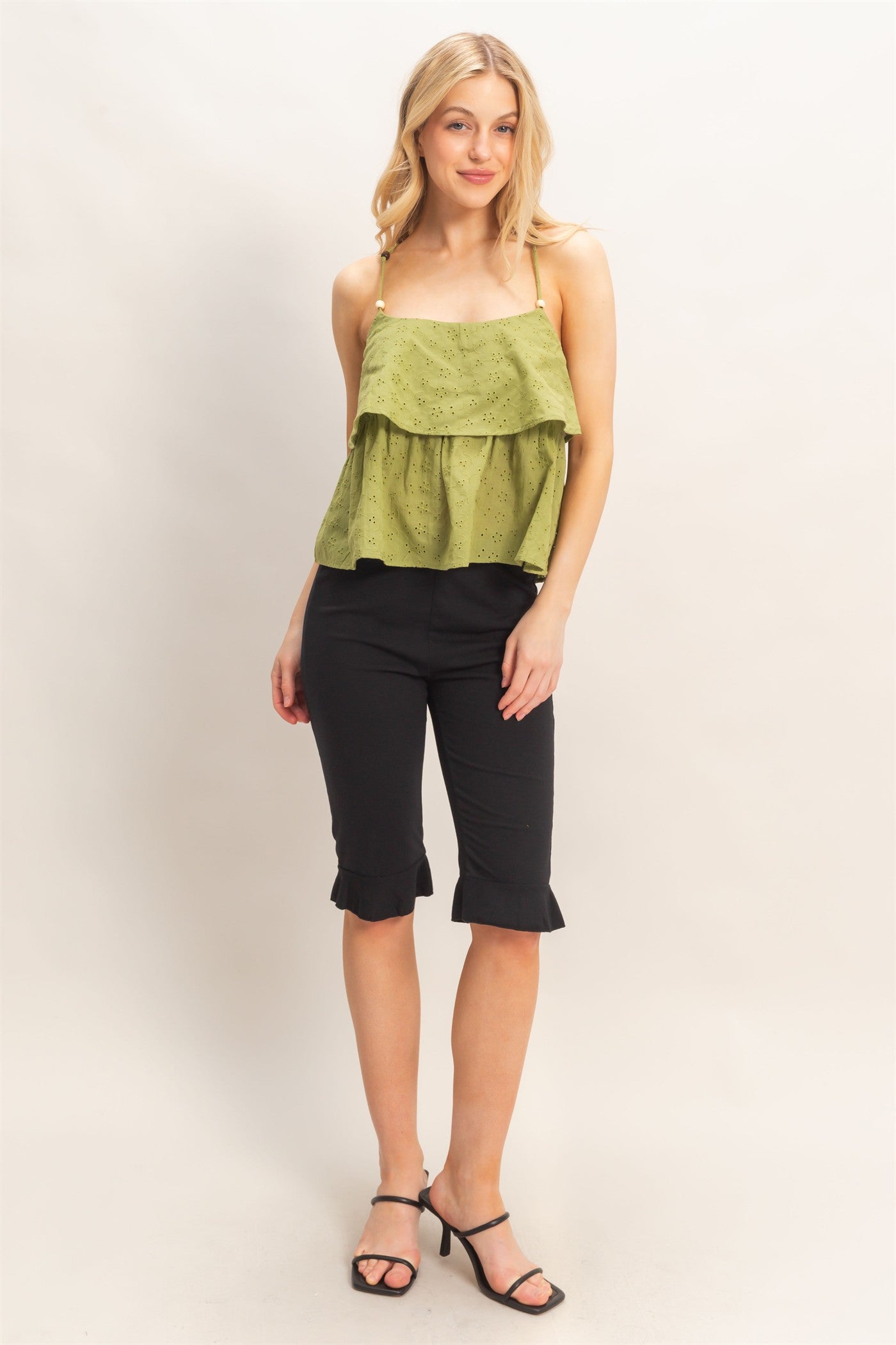 Wholesale Tiered Floral Eyelet Top Blouses HF26A852 LIGHT OLIVE HYFVE