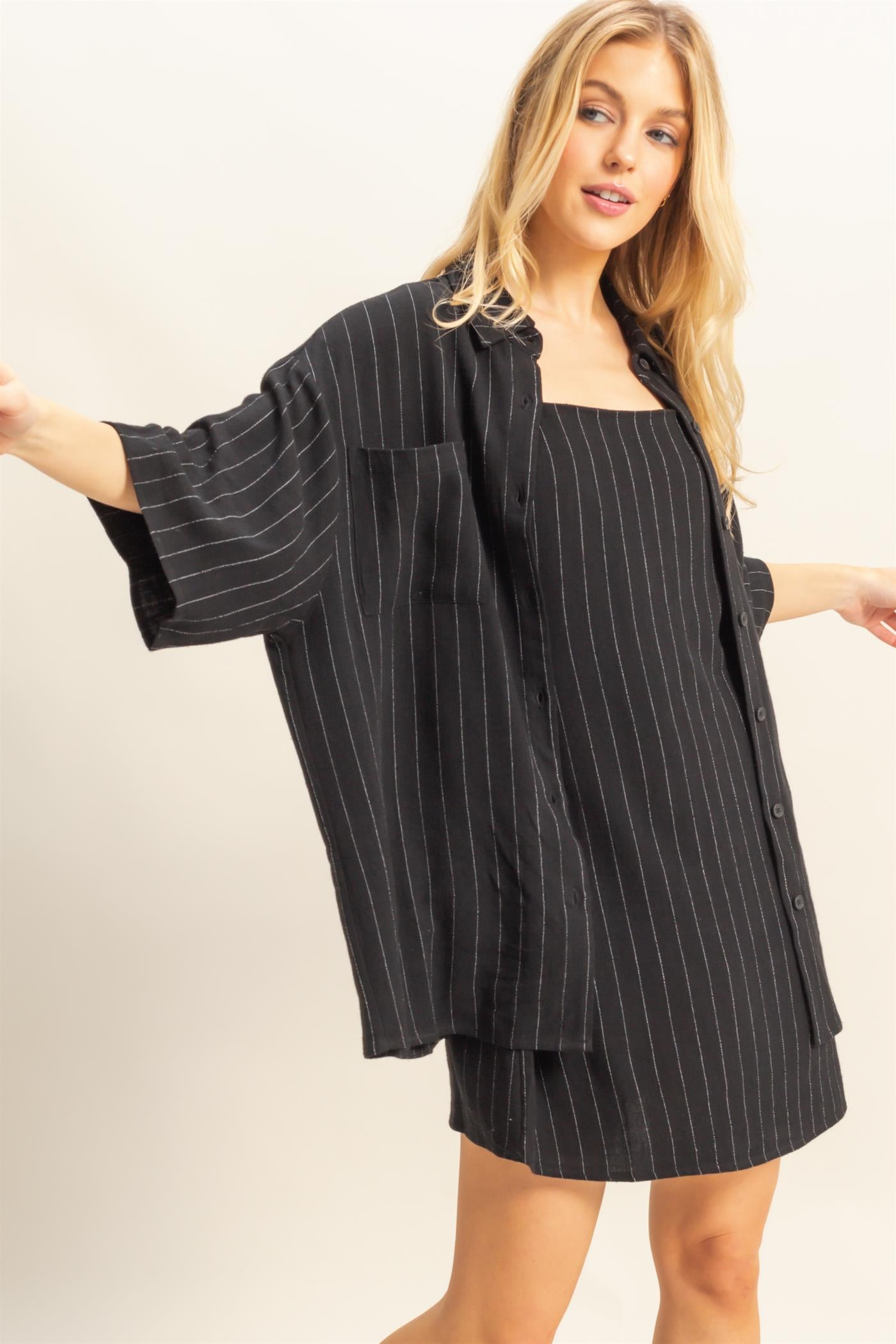 Wholesale Stripe Shirt And Dress Set Clothing HF25E086-SET BLACK HYFVE