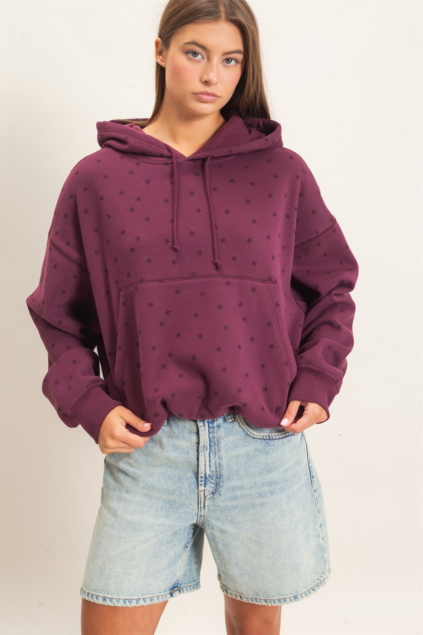 Wholesale Star Print Bubble Hoodie Hoodies DZ26C911 DARK CHERRY DOUBLE ZERO