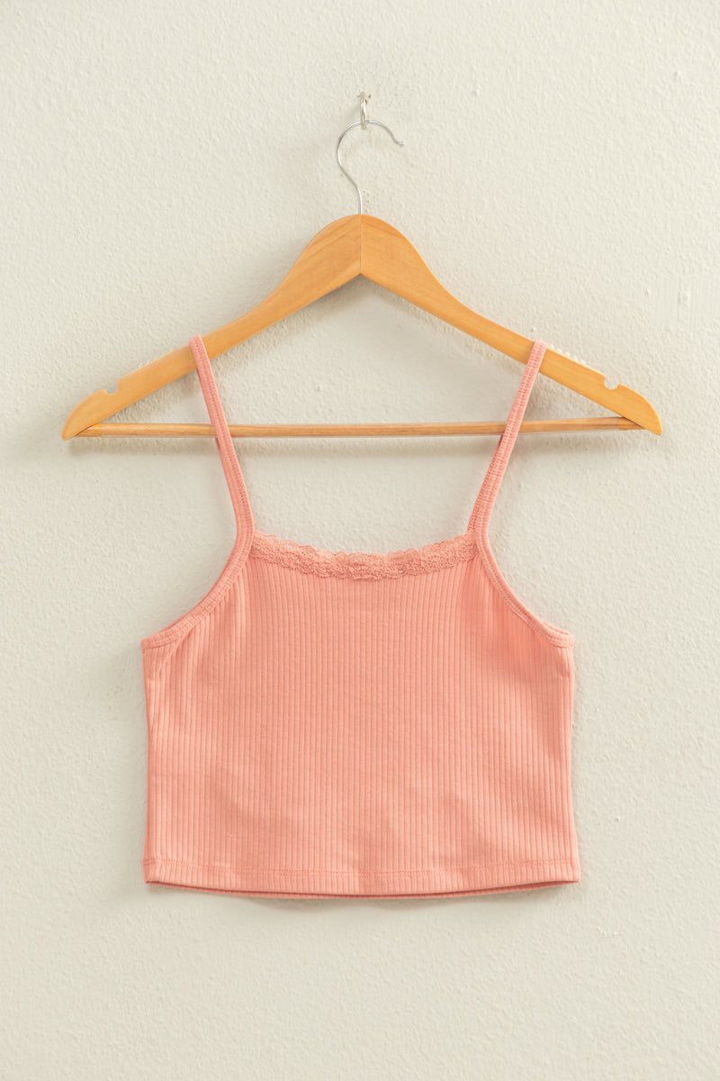 Wholesale Ribbed Lace Detail Cami Crop Top Clothing Tops DZ22C573 TEAK ROSE DOUBLE ZERO